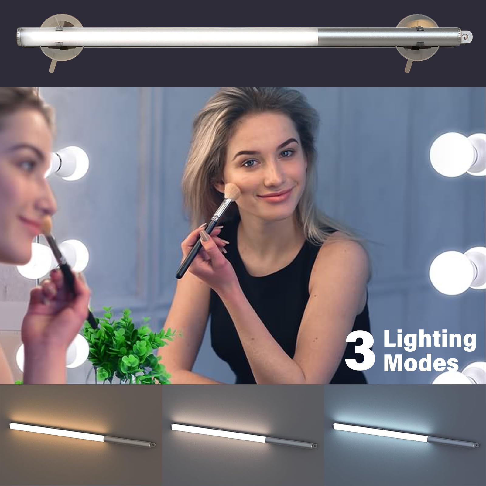 Przenośna lampa do makijażu LED 36 cm z przyssawką: 3 tryby i 10 poziomów jasności, kabel USB do ładowania w zestawie, idealna do sypialni, łazienki, garderoby lub szafy.