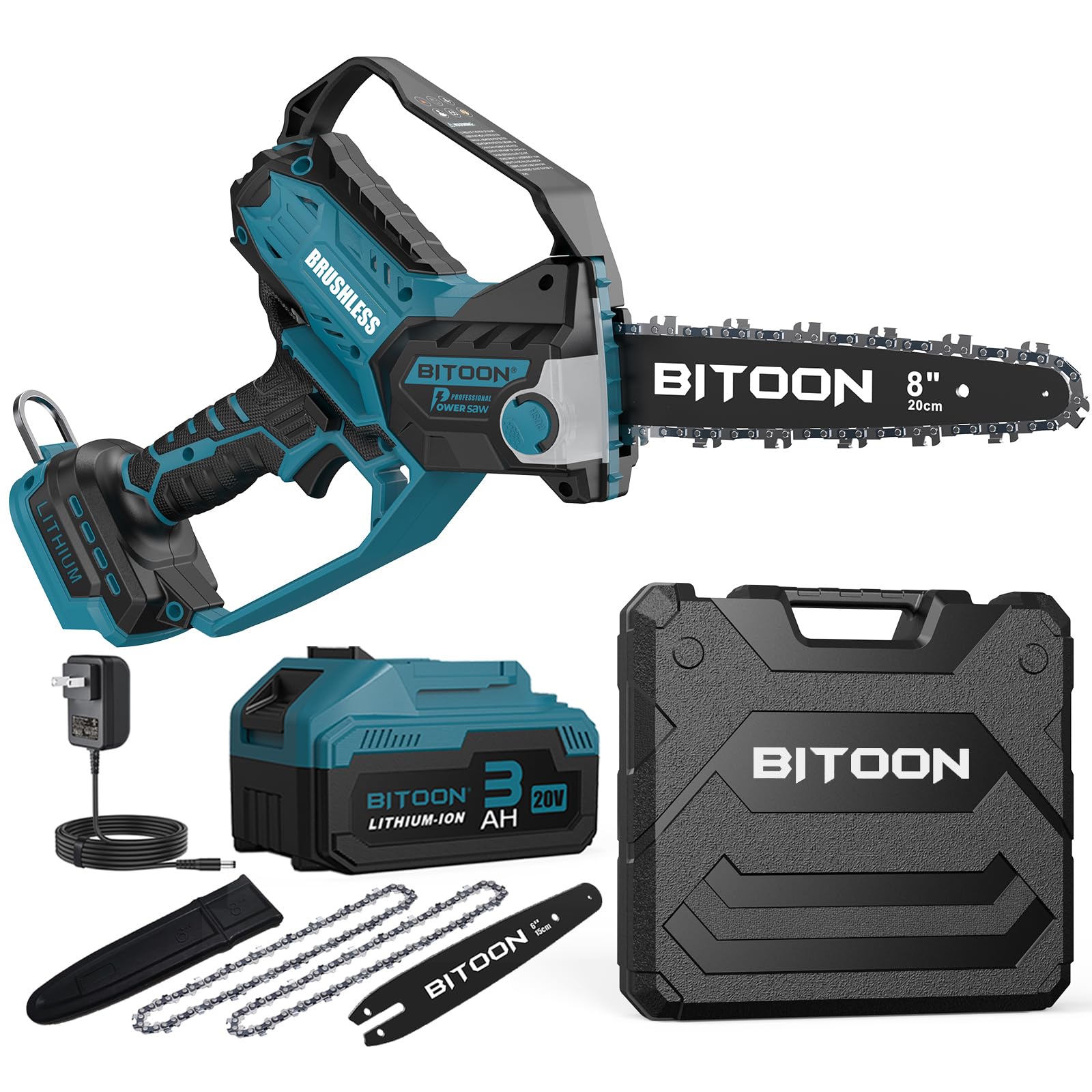 BITOON Mini Motosega A Batteria 20V 3.0Ah 20cm – Senza Spazzole, 2 In 1, Con Auto-oliatore E 2 Catene – Potatura Legna - 4