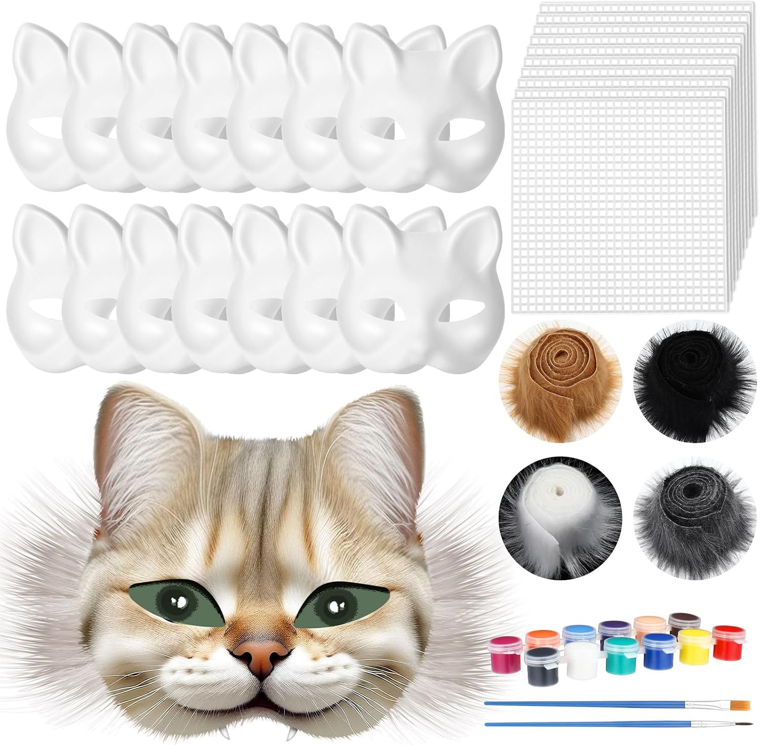 JellyArch 30 Pcs Cat Mask Kit DIY Blank Theria Masks with Fur Mesh | Mask Kit Bulk, with Faux Furs and Eye Mesh, Cosplay Party Favor, for Masquerade Balls Halloween, Group Craft Activities