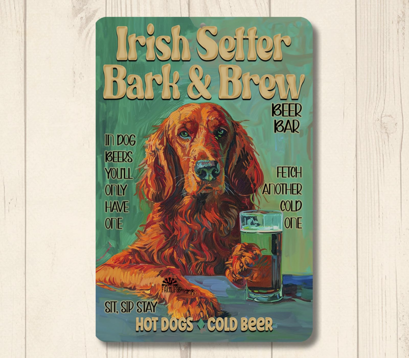 Irish Setter Beer Bar Sign Bark & Brew pub man cave dog funny metal tin wall art home decor