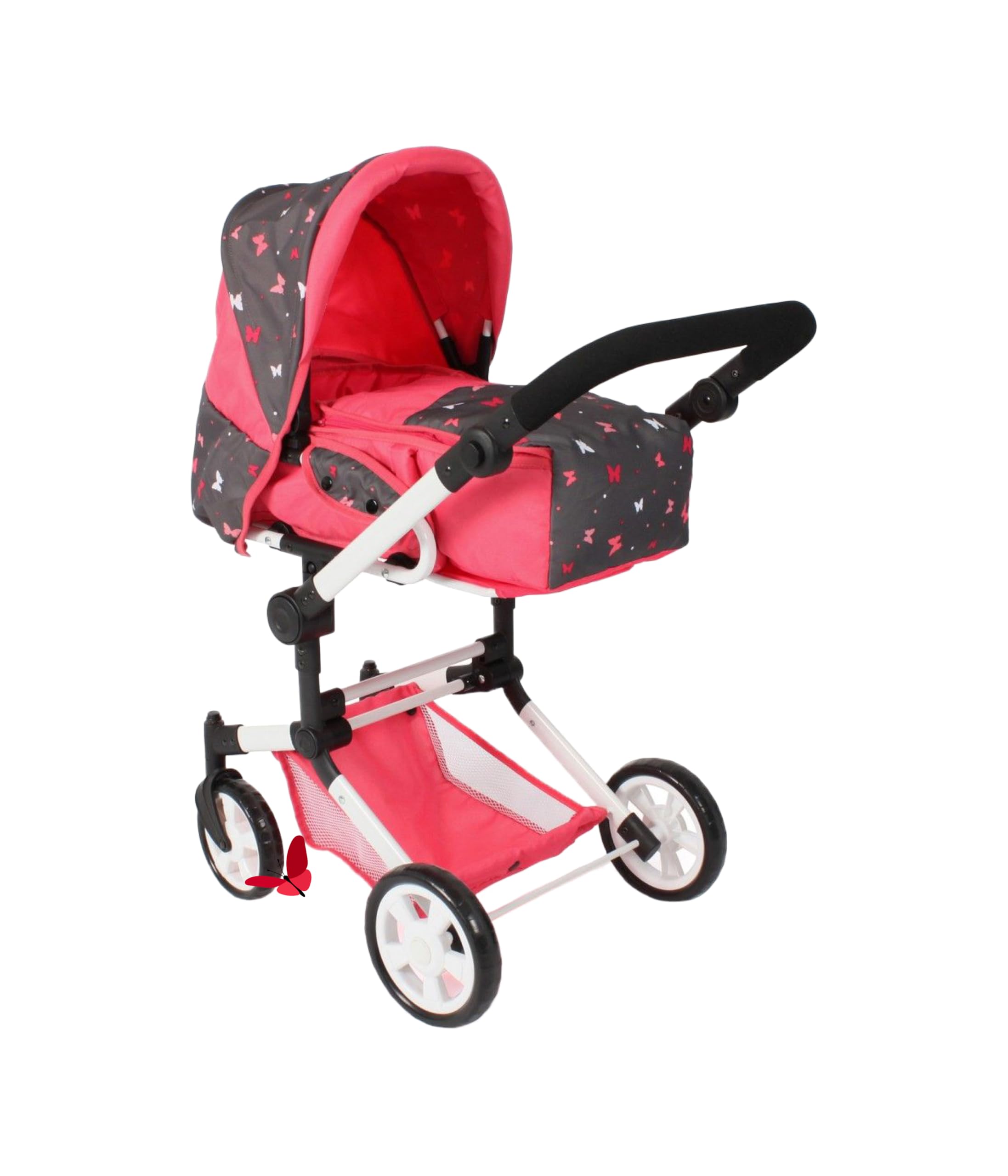 Bayer Chic 2000® Wózek dla lalek Jara 3 w 1 – Butterfly Coral – składany, uchwyt z regulacją wysokości 47-78 cm – torba do przenoszenia – lalki do 52 cm, 4-8 J.