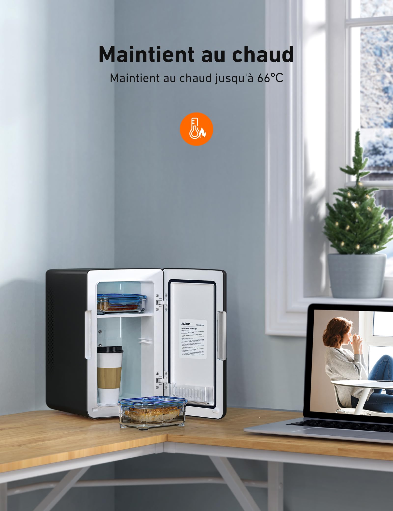 AstroAI Mini Frigo de Chambre 6L 8 Canettes 355ml Réfrigérateur Voiture 12V 220V Silencieux Fonction Chaud/Froid Gris