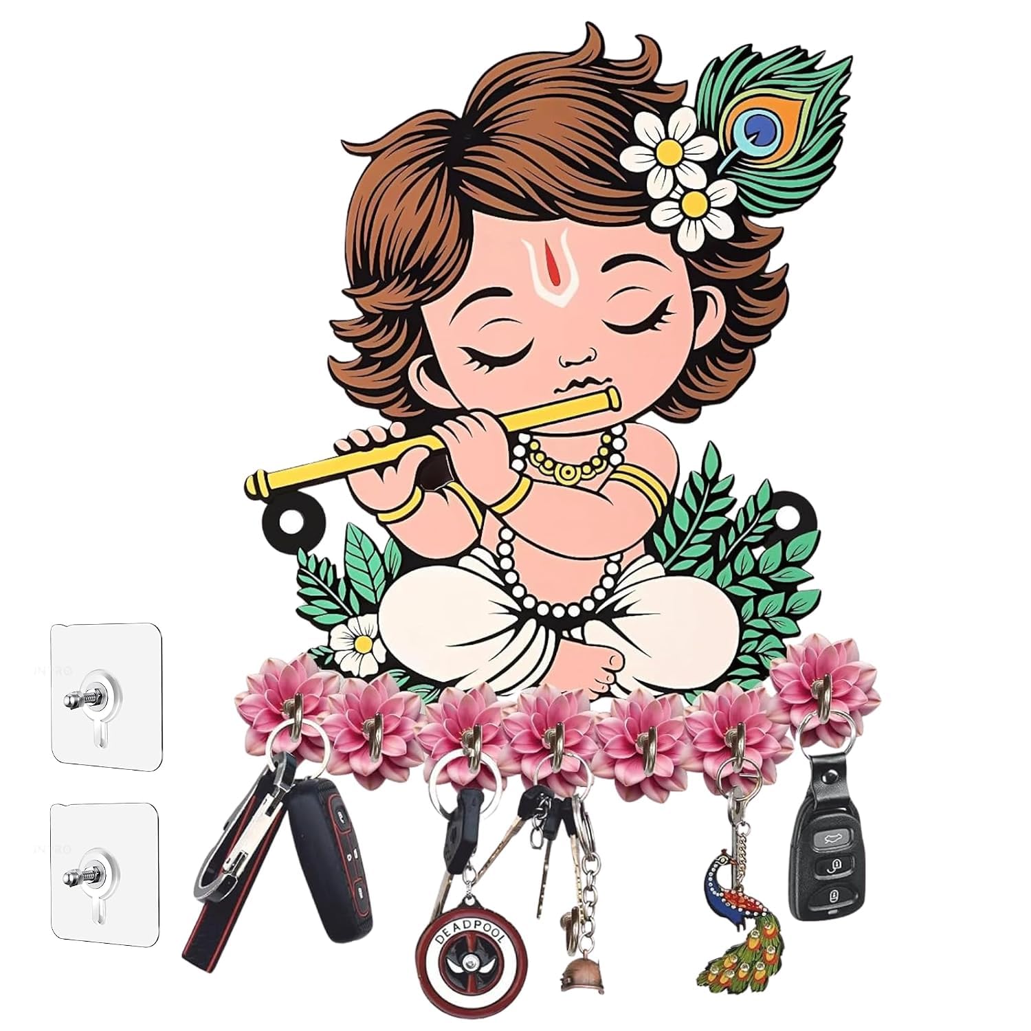 Webelkart Premium Wooden Key Holder for Home/Office Decor/Key Hanger for Wall Decor,Decorative Item for Home (Cute Krishna)-image-5