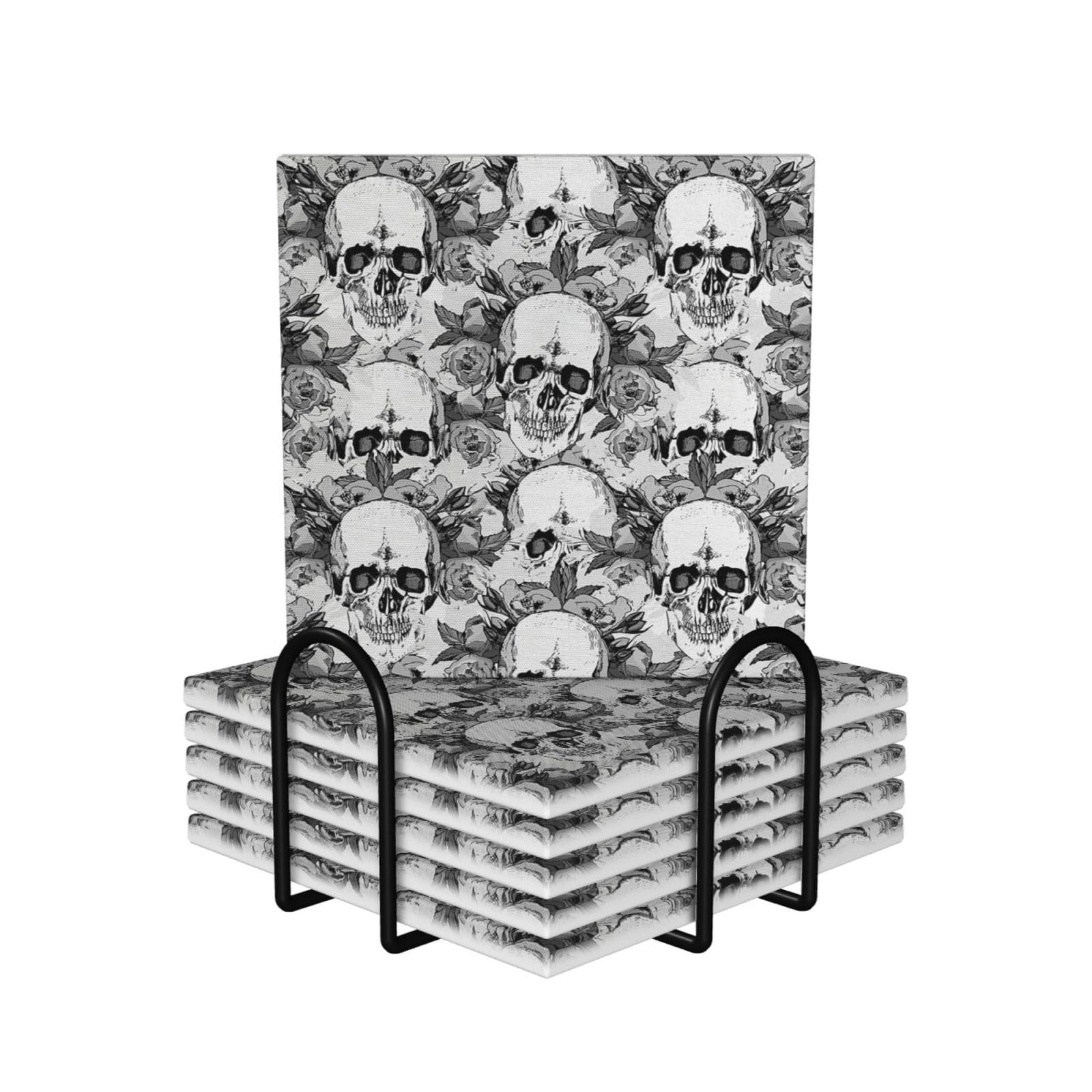 Set di 6 sottobicchieri in ceramica con stampa di scheletro - accessori eleganti per la cucina e la casa