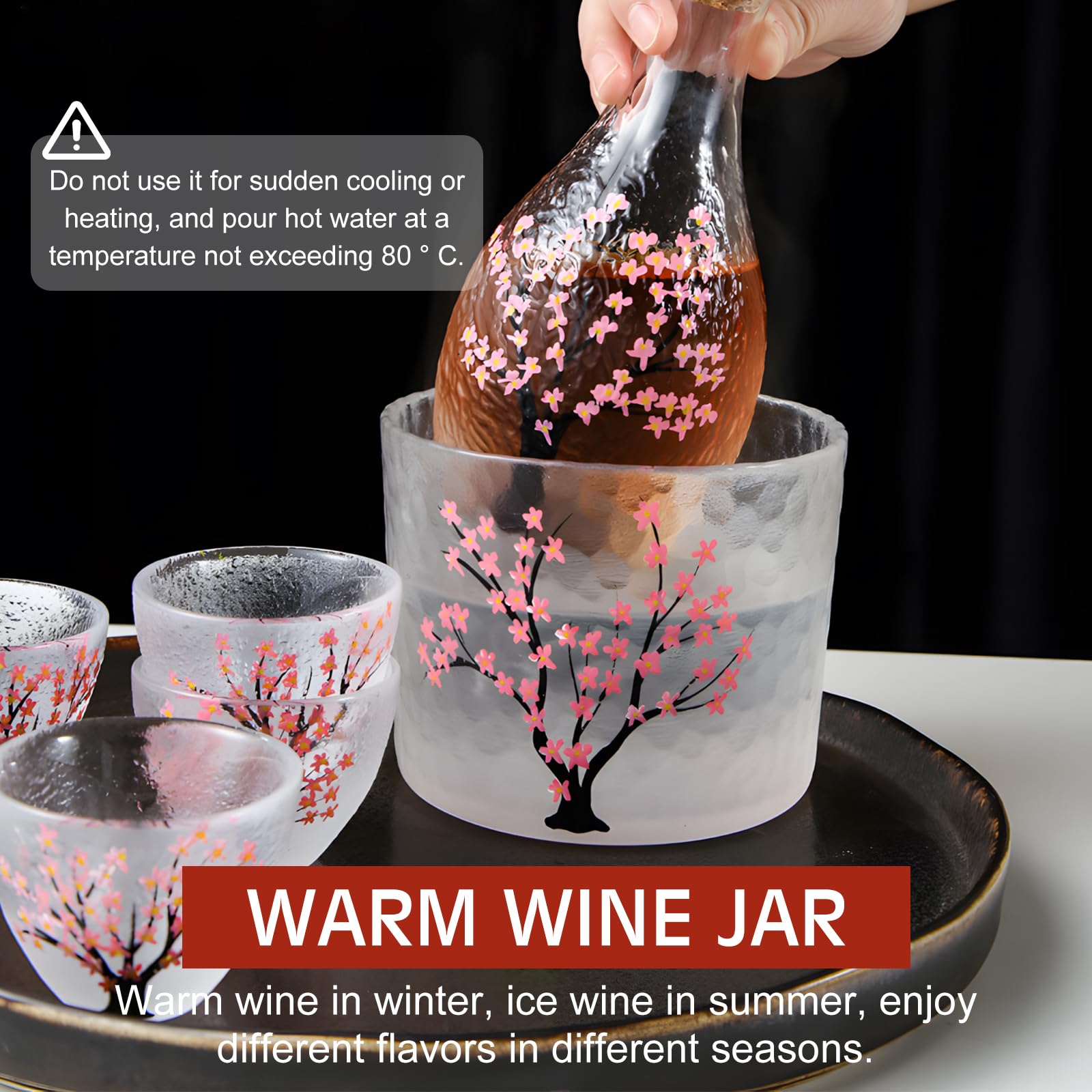 Nimblyne 6 Stück Japanisches Sake Set: Handcrafted Pink Cherry Blossoms Design Sakes Flasche mit Schmalem aus Glas, Sake Set mit 1 Sake-Flasche, 1 Sake-Behälter und 4 Sake-Becher