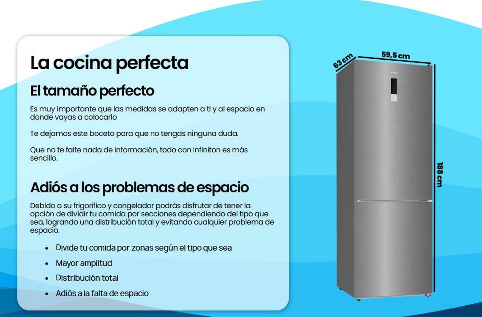Infiniton Frigorifico CombiFGC-310C88XEE, 310 litri, altezza 188 cm, No Frost Total, Fast Cooling e Fast freezing, LED interno, E, Inox