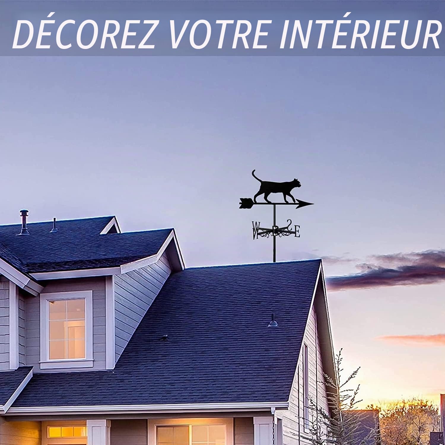 Ornement de chat girouette en métal, indicateur de direction du vent de la coq en acier inoxydable mignon forme de chat toit décoration de jardin, pour cour de ferme extérieur,Cat~e