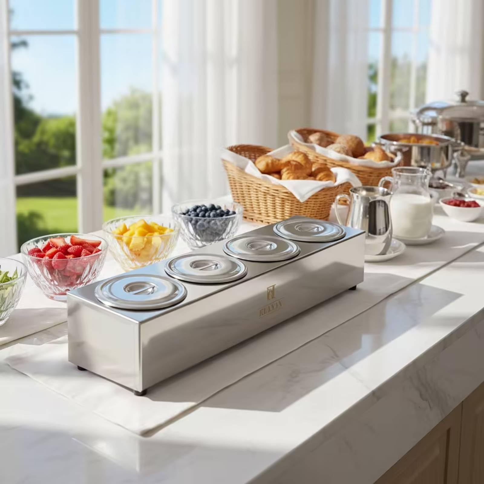 Boîte à Condiments avec Quatre Coupelles En Acier Inoxydable Boîte Compartimentée Compact Récipient Alimentaire avec Couvercle pour Traiteurs, Buffet, Single Row B