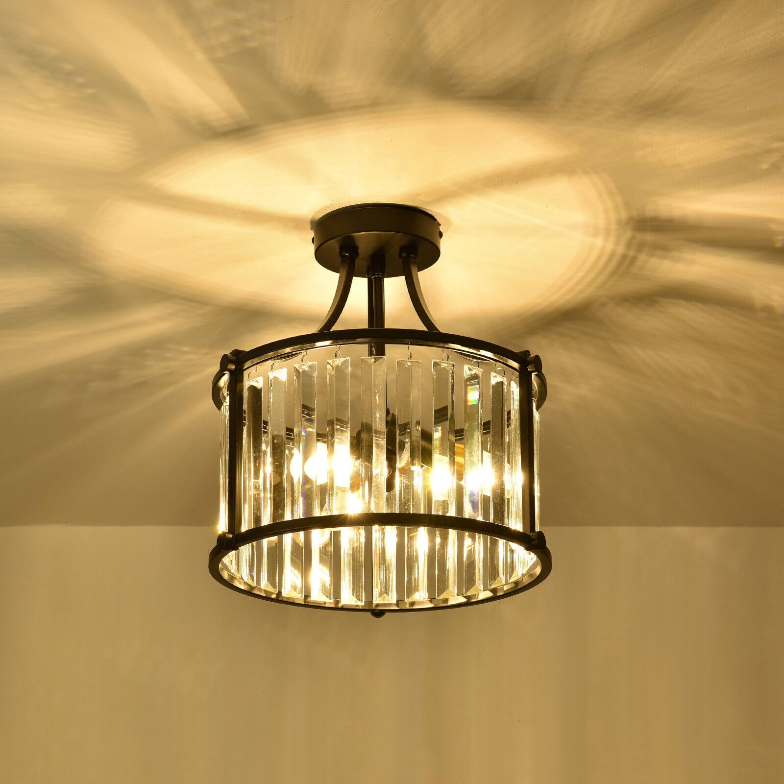 Coregreen Semi Flush Mount Ceiling Light Fixture Modern Crystal Chandelier for Hallway Bedroom Kitchen Living Room E12*3 Base (Bulb Not Included)