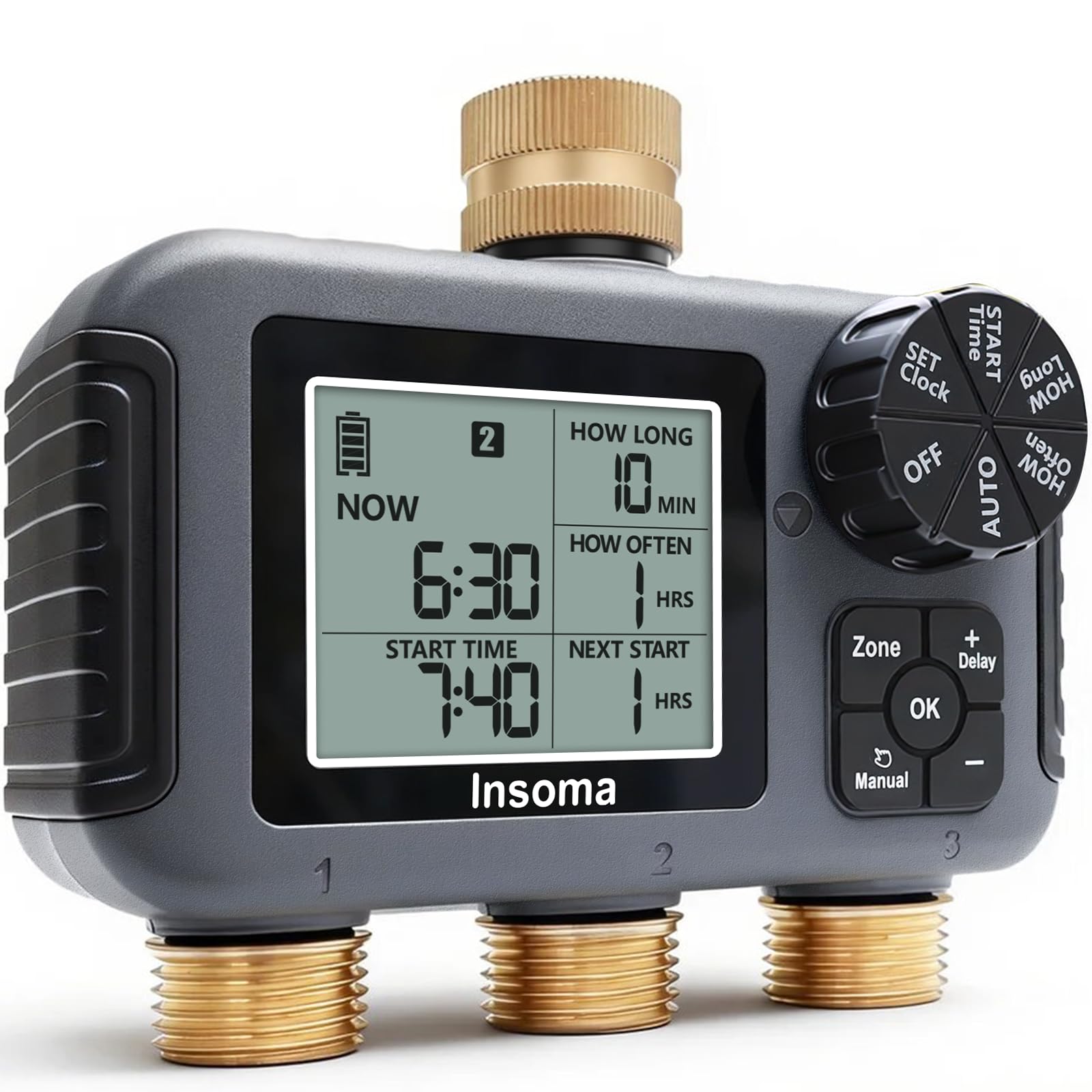 Insoma Orologio di irrigazione a 3 zone, ingresso e uscita in ottone + IPX5 impermeabile, irrigazione automatica/manuale, ritardo della pioggia e grande display, timer per rubinetto da giardino, prato
