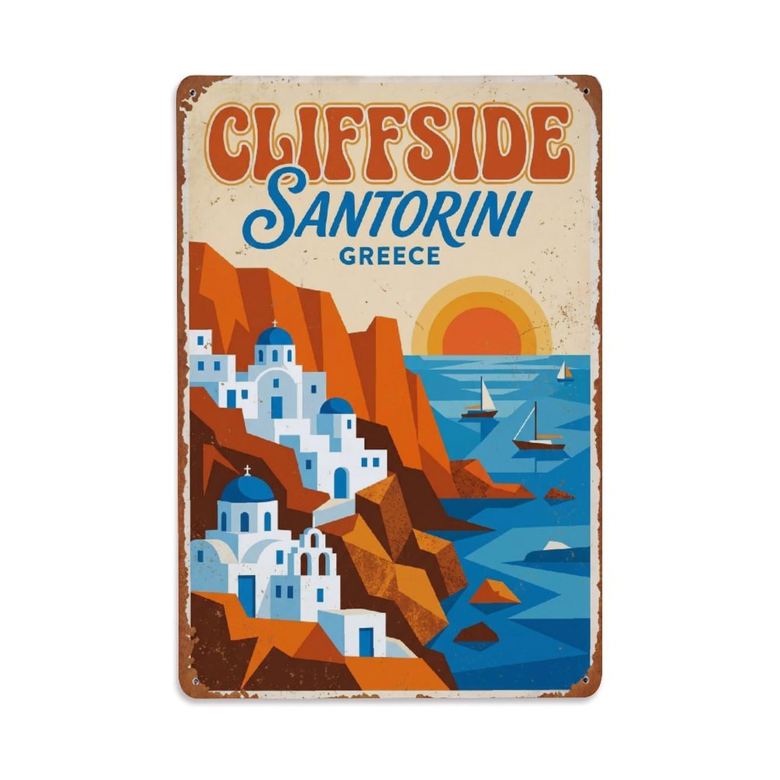 Este 8X12inch Style Vintage Travel Santorini Cliffside Greece Metal Tin Sign