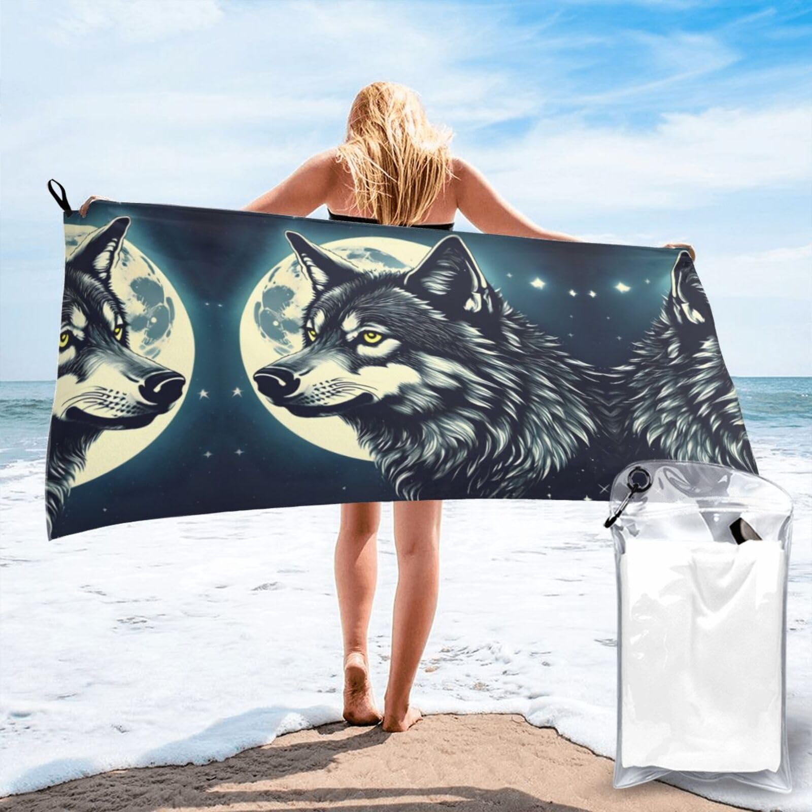Toalla de playa grande de lobo y luna: toalla de piscina de secado rápido