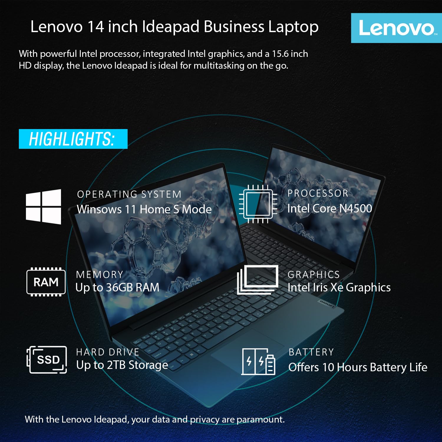 Lenovo IdeaPad Laptop with Microsoft Office, Intel High Performance CPU, 12GB RAM, 1TB Cloud & 256GB Storage, 11 Hour Battery, SD-Card Reader,Webcam + WiFi 6, Windows 11, WOWPC Recovery USB