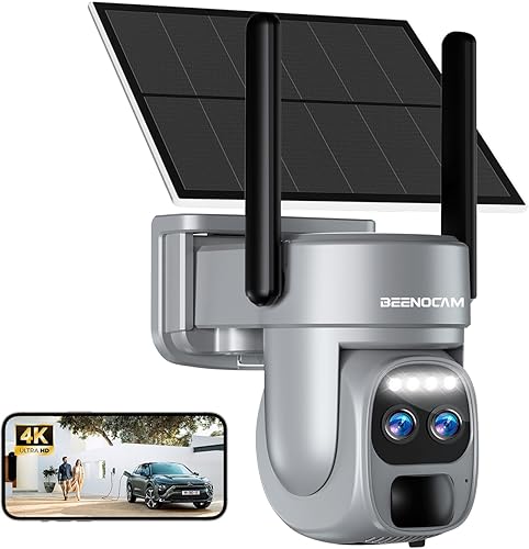 BEENOCAM Cámaras de seguridad solar de 4K8MP inalámbricas para exteriores, doble lente 360 PTZ Cámara solar para exteriores Cámaras inalámbricas