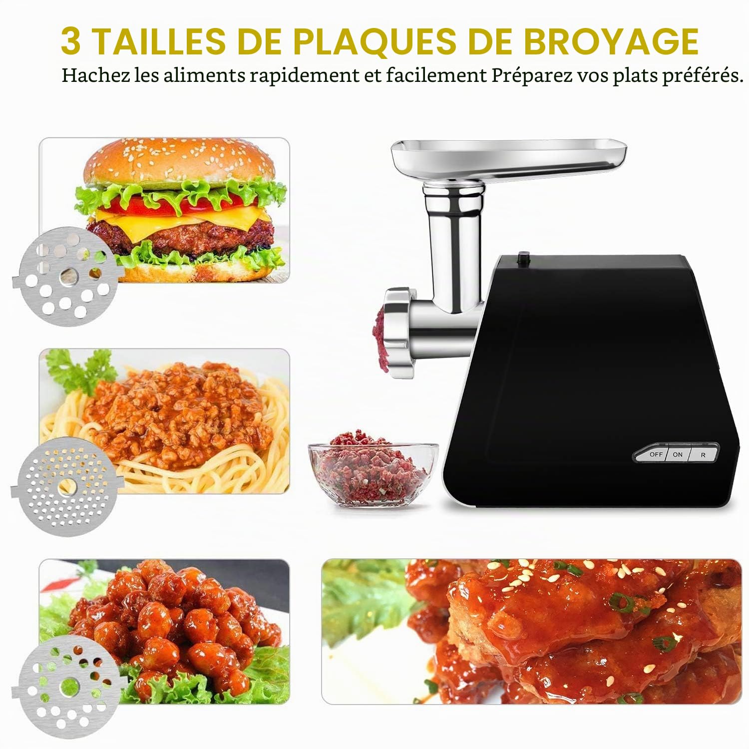 Nictemaw Hachoir à viande électrique 2000 W - Multifonctions avec 3 Plaques de Broyage, Tube de Remplissage de Saucisse, pour viande hachée, saucisses, kibbés
