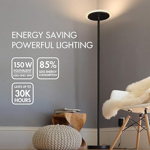 Miniatura 2 de Tenergy Torchiere - Lámpara de pie LED regulable, control remoto de 30 W (equivalente a 150 W), parte superior ajustable de 90, compatible con
