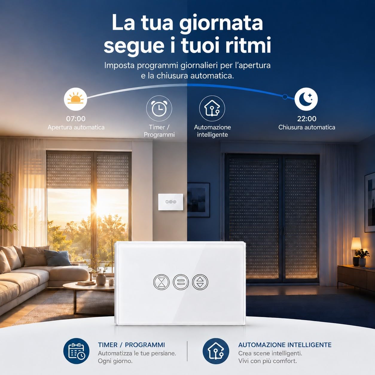 LoraTap Interruttore WiFi per Tenda, Interruttore Tattile Controllo APP o Vocale di Alexa Echo e Google Home, Interruttore Timer Telecomando per 600W CA Persiane Avvolgibili e Tapparelle Motore