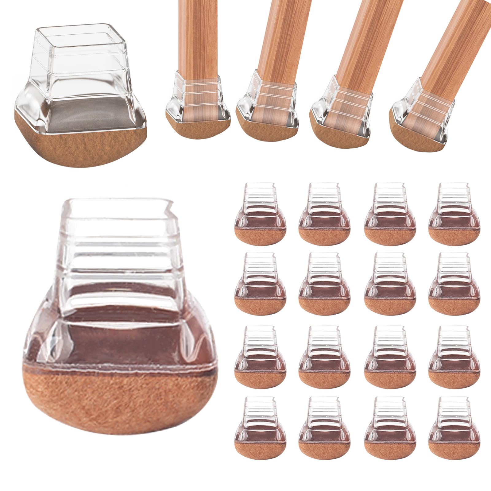 16PCS Chair Leg Floor Protectors Square 0.59-0.75 inch, Small Silicone Chair Leg Covers Caps with Felt Pads