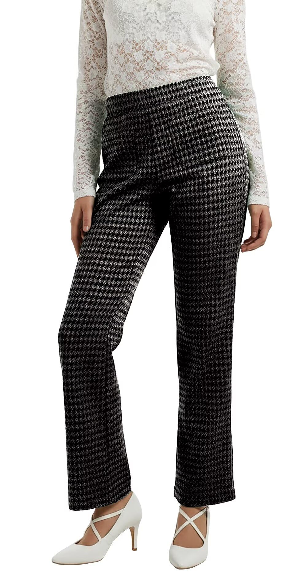 Plaid Pants for Women Dressy Elastic High Waisted Womens Wide Leg Pants Pull On Work Trousers with Pockets