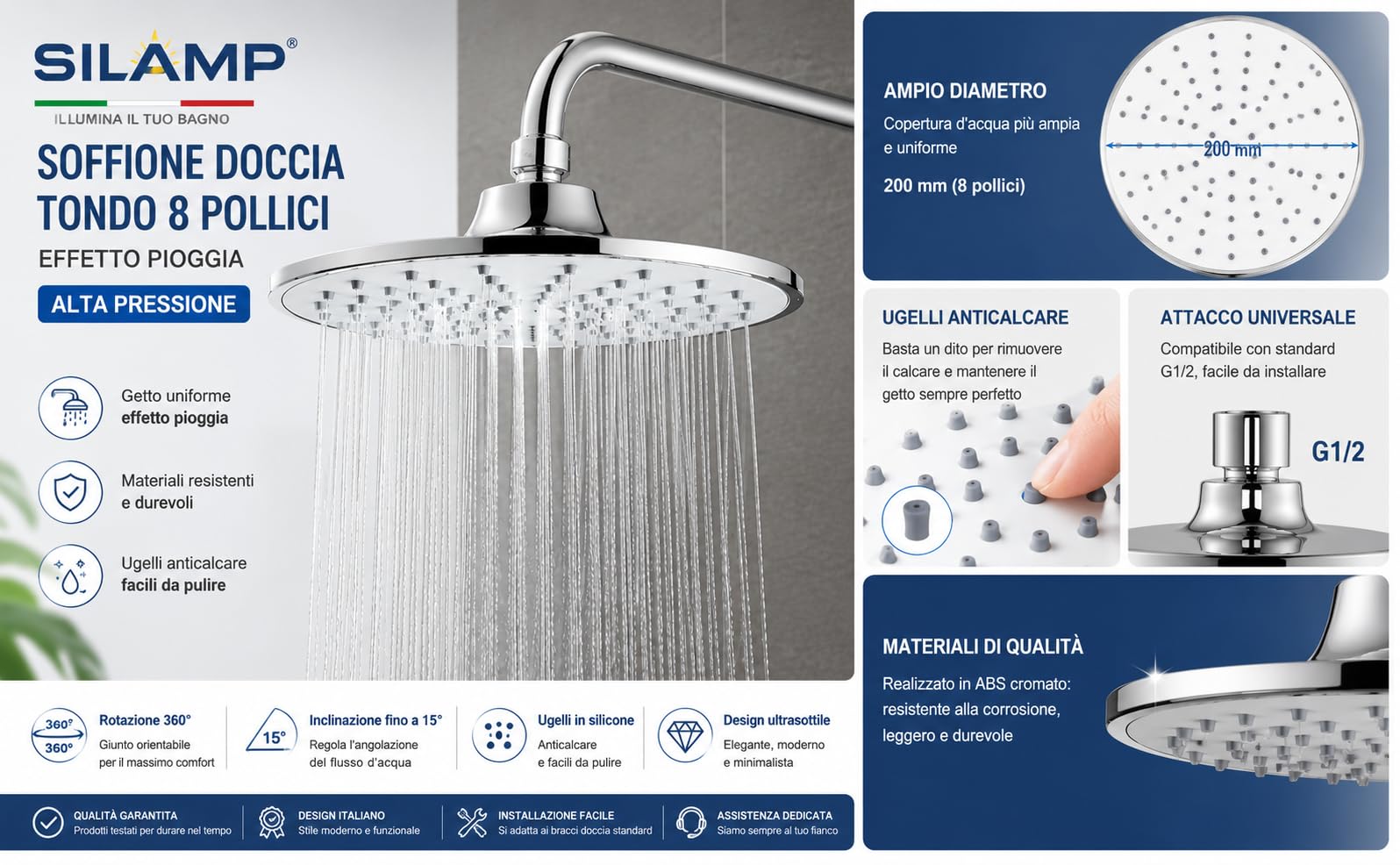 Soffione Doccia Rotondo 200mm Effetto Pioggia Acciaio Inox 304 Soffione Cromato