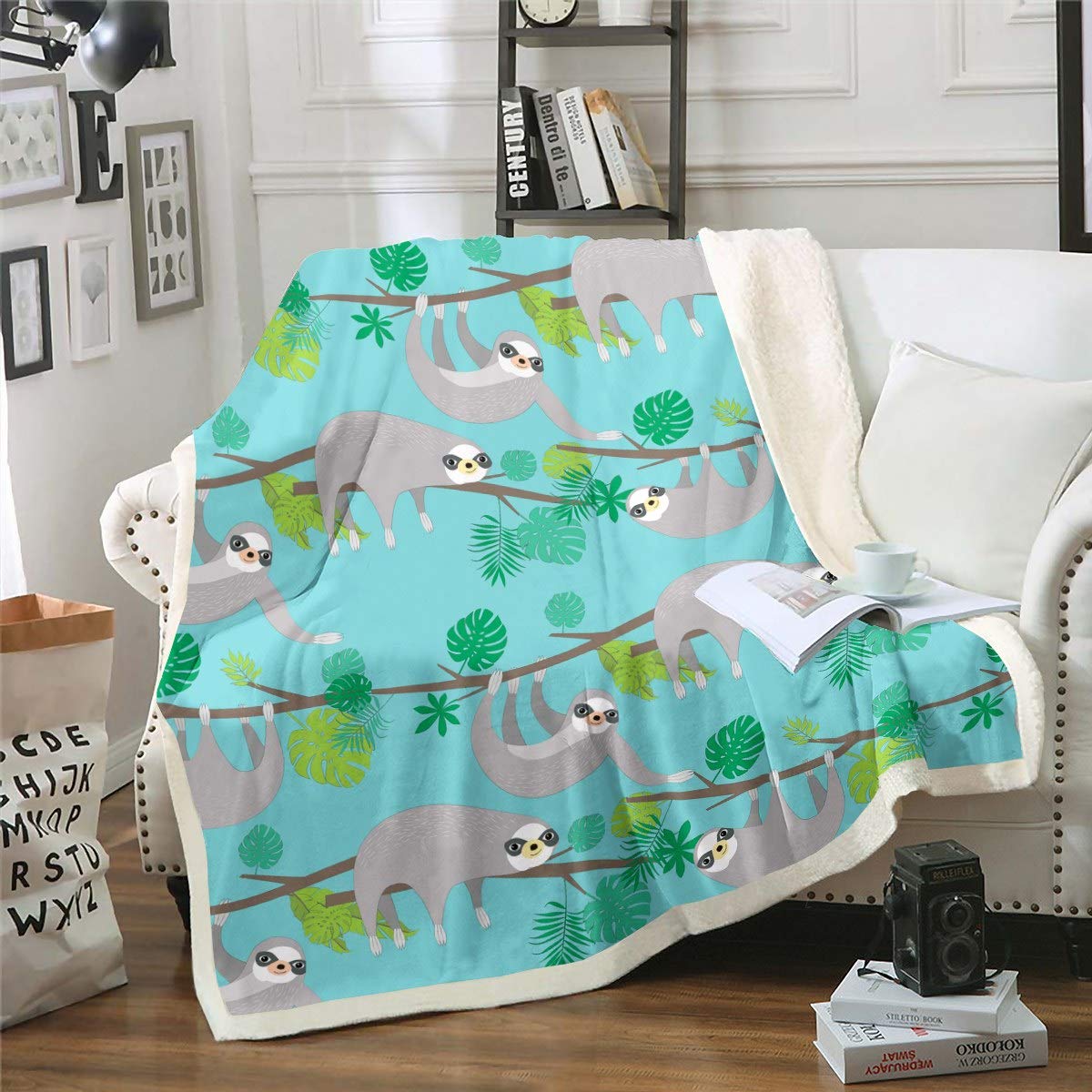 Coperta in pile con foglie di palma per divano e divano per bambini con foglie tropicali Sherpa coperta decorativa verde botanico caldo peluche coperta coperta sfocata singola 127 x 152,4 cm
