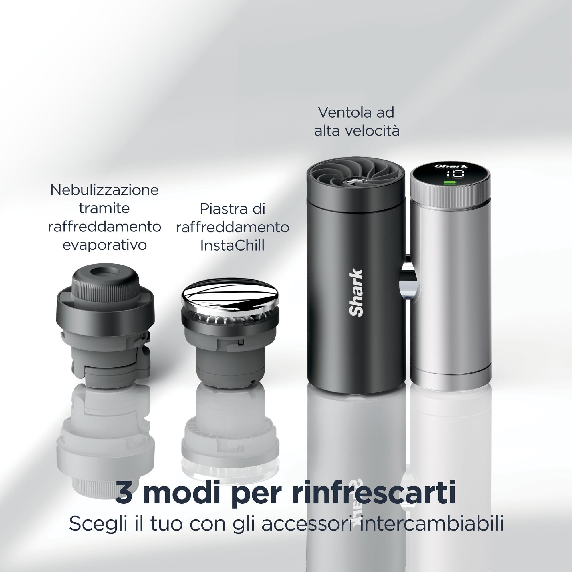 Shark ChillPill 3 in 1 Ventilatore ad alta velocità, nebulizzazione ultra fine e sistema InstaChill, con 3 accessori di raffreddamento, pensato per la mobilità, iced latte FA022EUBR