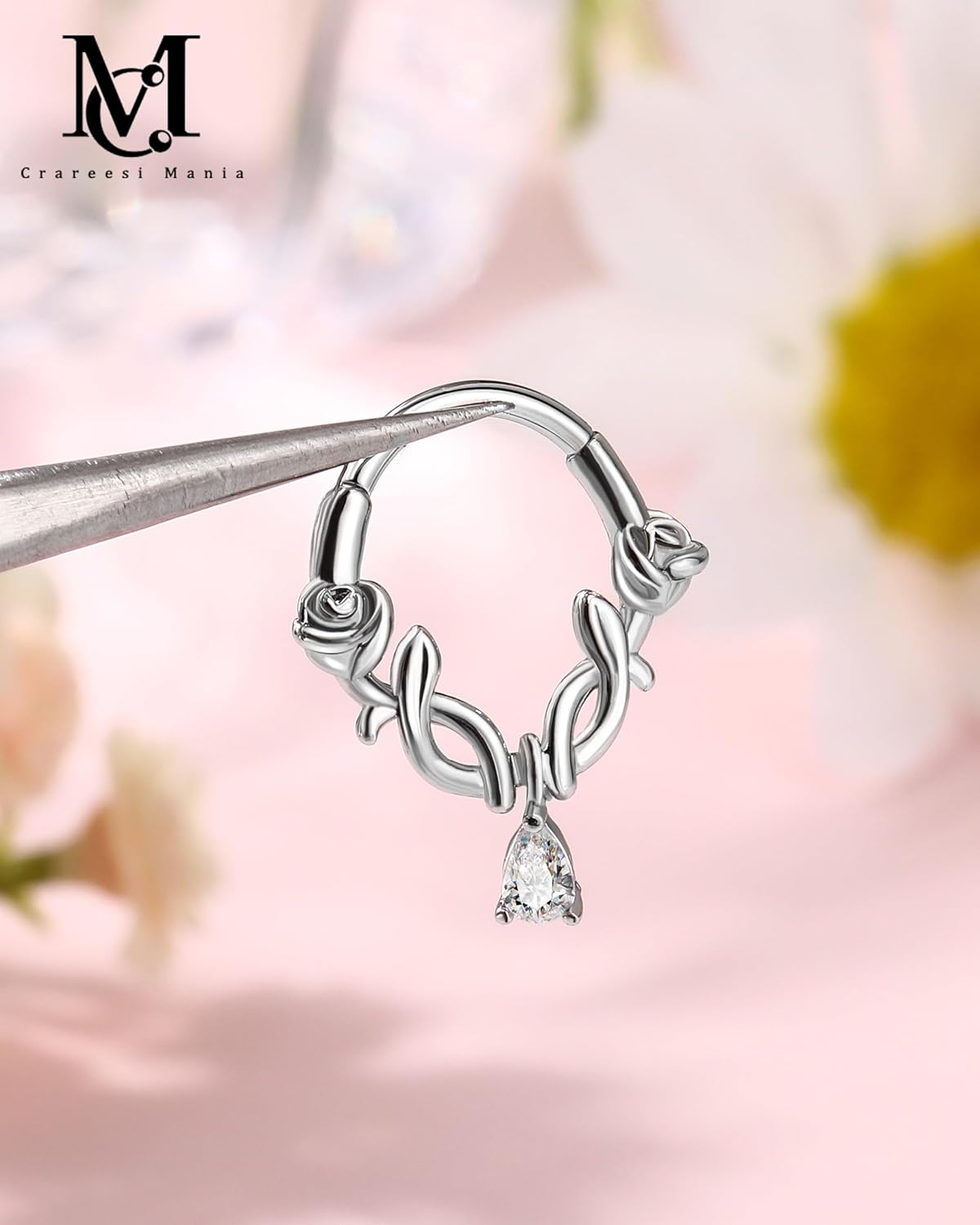 CM Crareesi Mania Dangle Septum Rings, 16G Rose Dangling Septum Piercing Jewelry, 316L Surgical Steel Septum Nose Ring Hoop for Women, Helix Cartilgae Piercing Jewelry - Image 3
