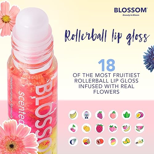 Miniatura 2 de Blossom Brillo de labios perfumado, con infusión de flores reales, fabricado en Estados Unidos, 0.40 onzas líquidas, paquete de 2, melocotón/fresa