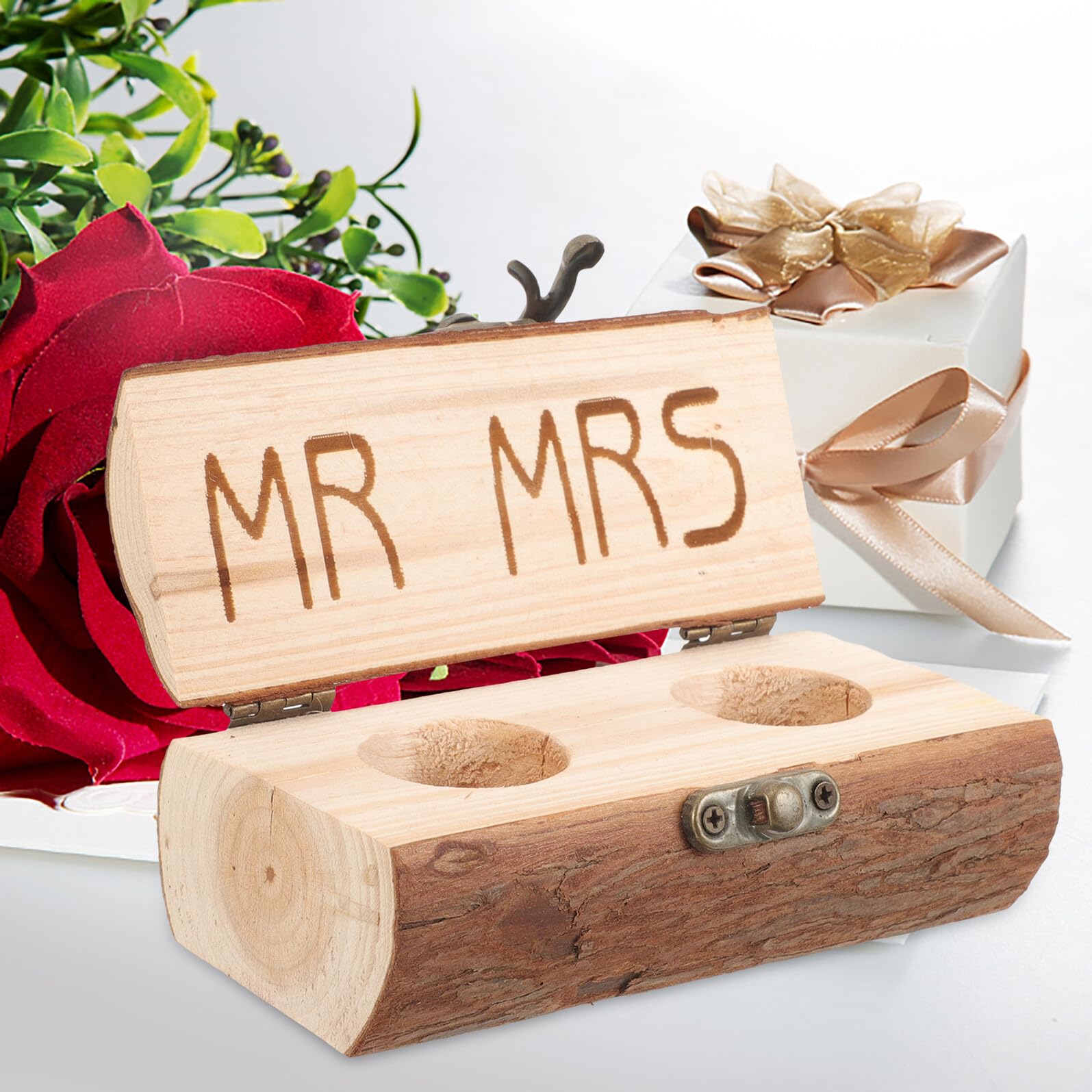 NOLITOY Caja para Anillos de Madera Rústica Estuche Compacto para Anillos de Boda y Compromiso Joyero Decorativo Campestre Diseño Resistente y Ligero para Ceremonia