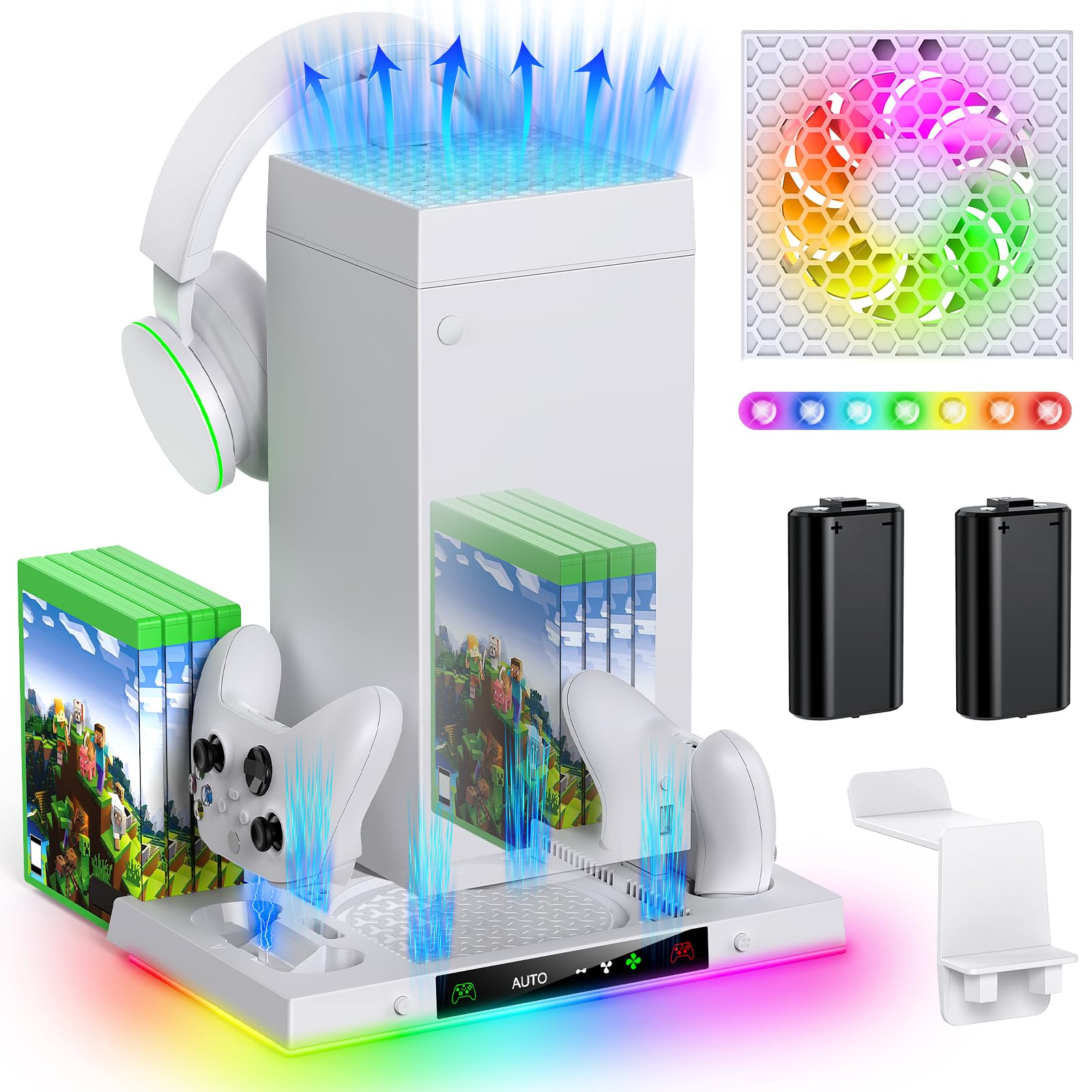 Auto Cooling Fan and Charge Stand Accessories for Xbox Series X Console with 15 Light Modes Wireless Dual
