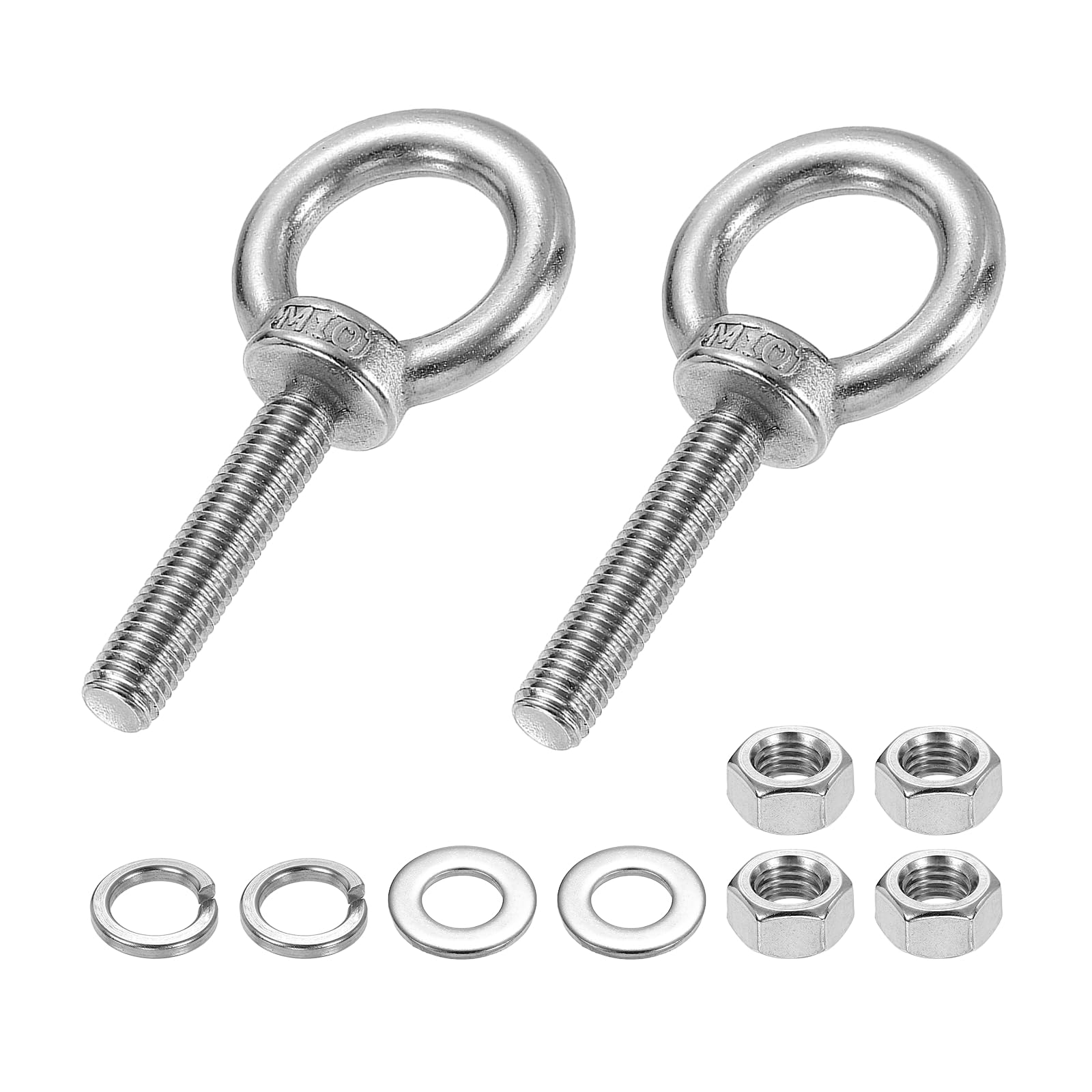 PATIKIL M10 x 50mm Eye Bolt, 2Pcs 304 Stainless Steel Thread Lifting Ring Set Shoulder Eyebolt with Lock Nuts Flat Washers for Hanging Hammocks Articles, Silver