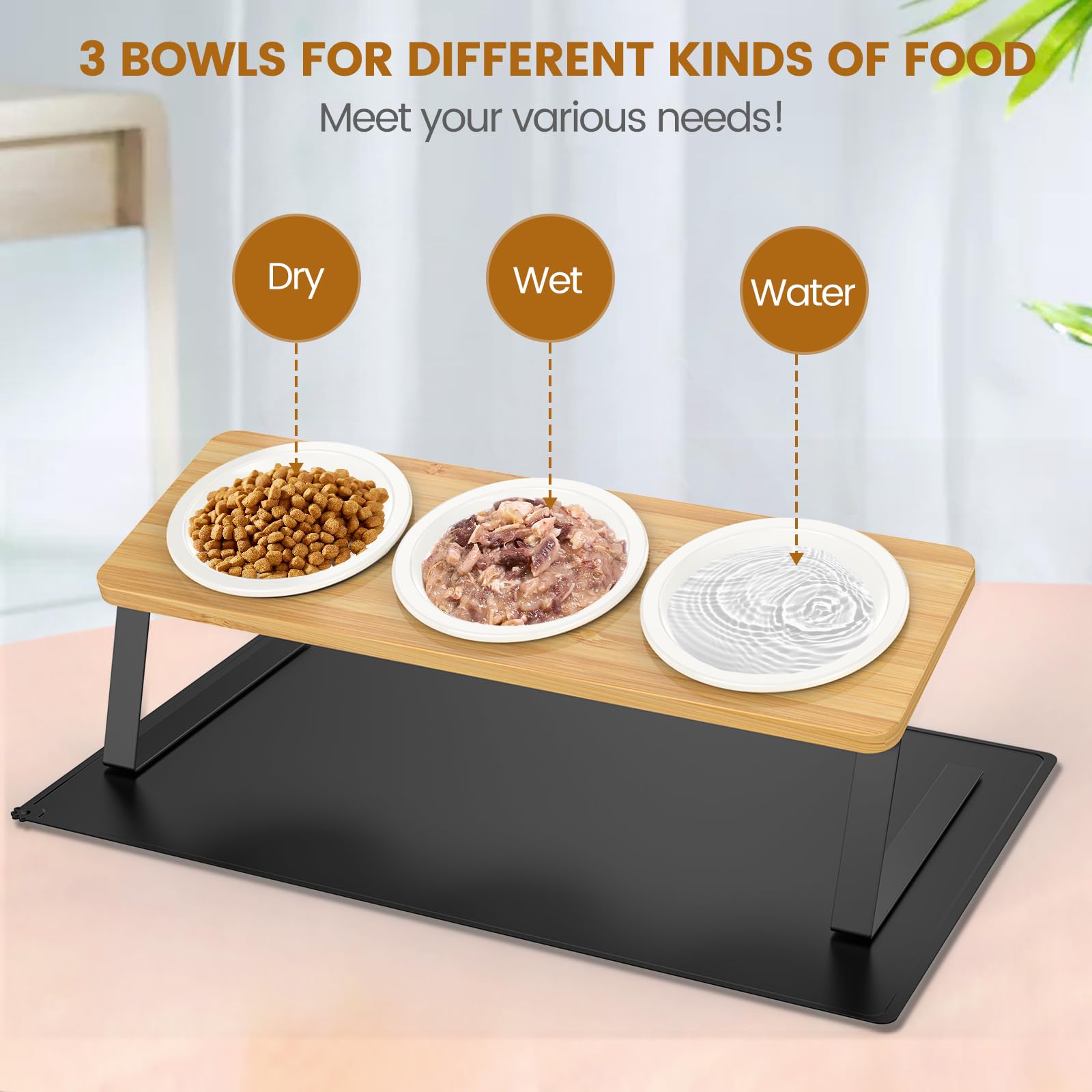 Lannvan Comedero Gato Elevado, 3X Comedero Perro, Comederos para Gatos Inclinado 15° Ceramica con Antideslizante Alfombrilla, Cuenco Gato Antivómitos, Comederos y Bebederos para Gatos y Perros Pequeño