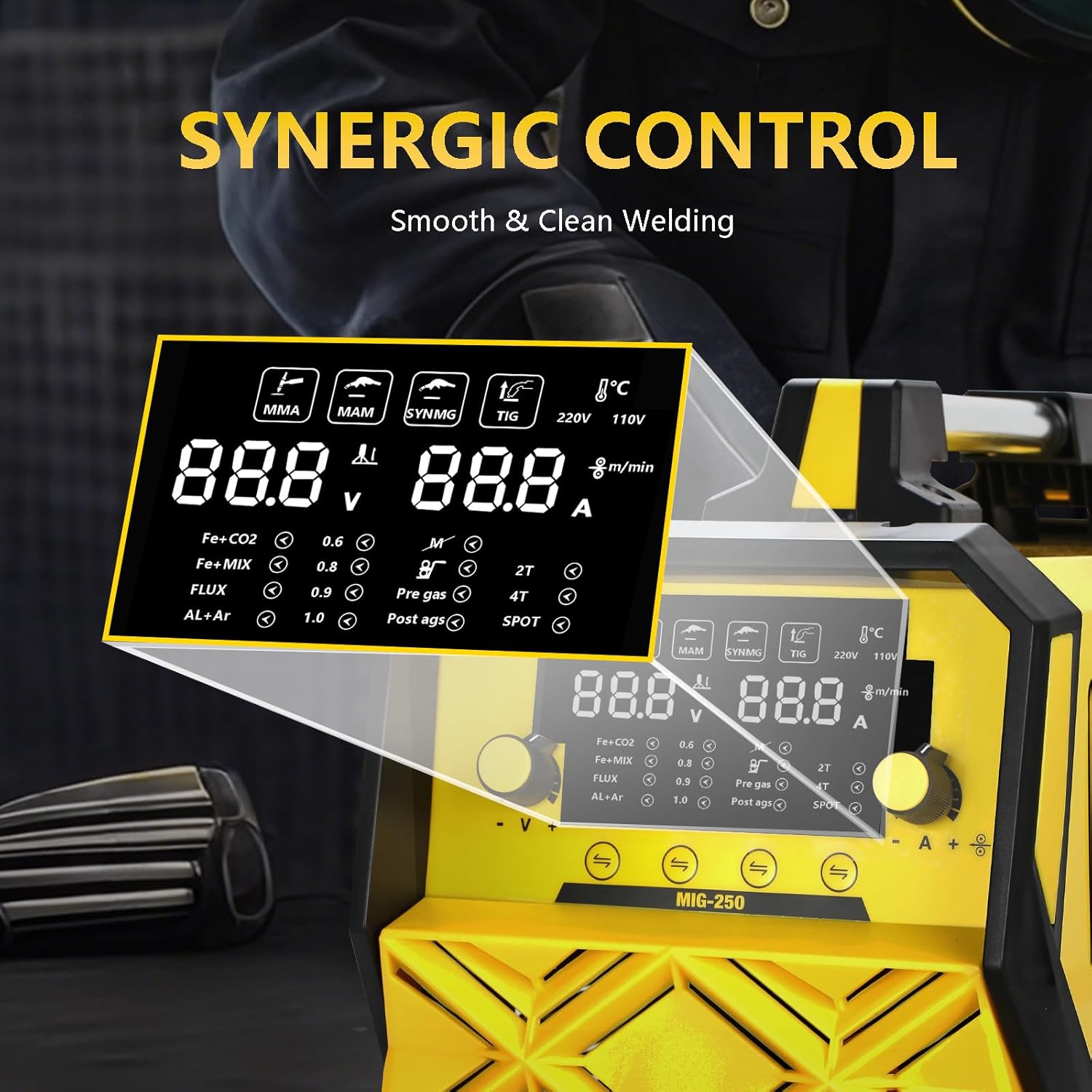 250A MIG Welder,5 in 1 Gas MIG/Gasless Flux Core/Stick/Lift TIG/Spot Welding/Spool Gun Compatible Aluminum Welding Machine Large LED Display 110V/220V Multi Process Welder