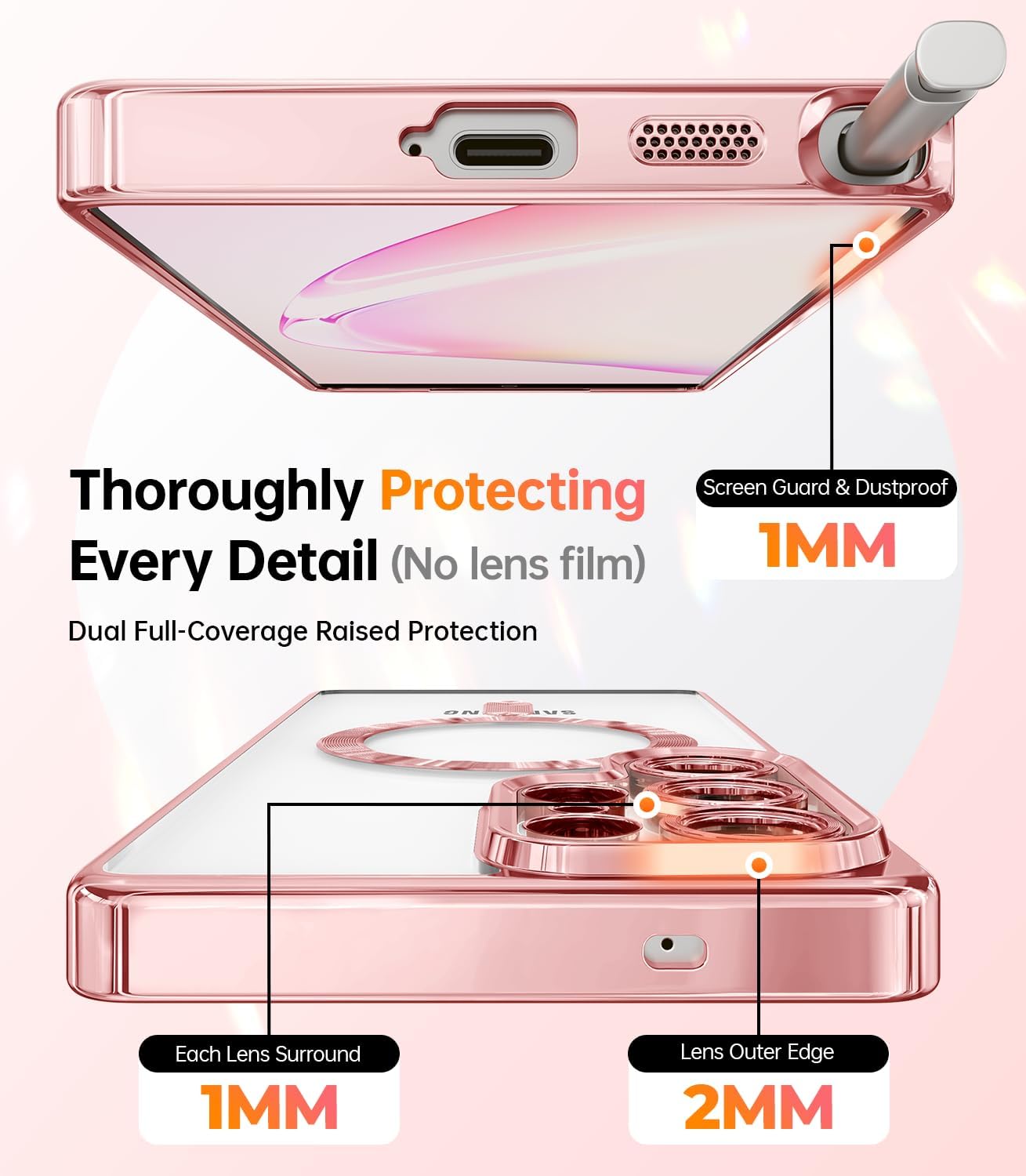 Meifigno Magnetic Case with Removable Phone Ring Stand for Samsung Galaxy S25 Ultra, [Glitter Card & Wrist Strap] [MagSafe Compatible] [Built in Mirror] Phone Ring Stand + Phone Case Kit, Rose Gold
