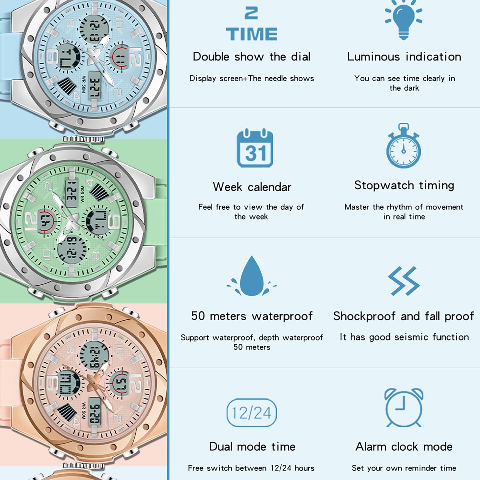 findtime Relojes de mujer blancos para adolescentes y estudiantes con despertador/cronómetro/retroiluminación LED/resistente a los golpes/fecha, reloj digital analógico para niños y niñas