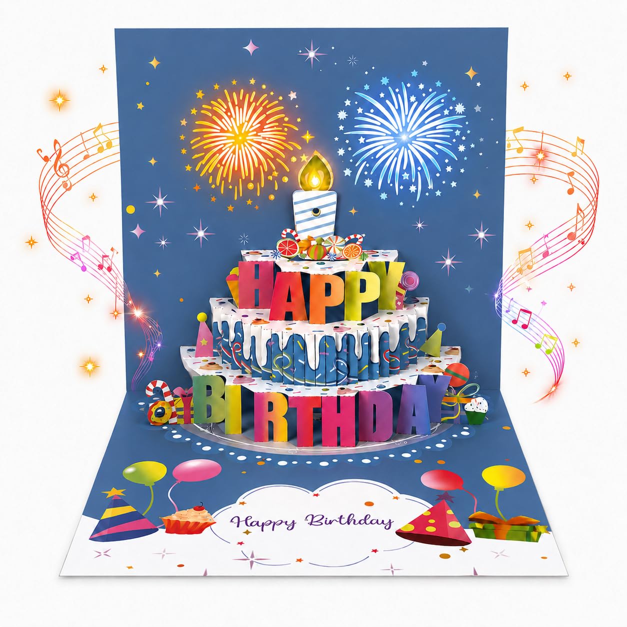 GeeRic Birthday Cards, Light and Music 3D Pop up MUSIC & LIGHTS Fireworks Happy Birthday Greeting Cards, Gifts for Women Men Husband Wife Sister Friends, Blue
