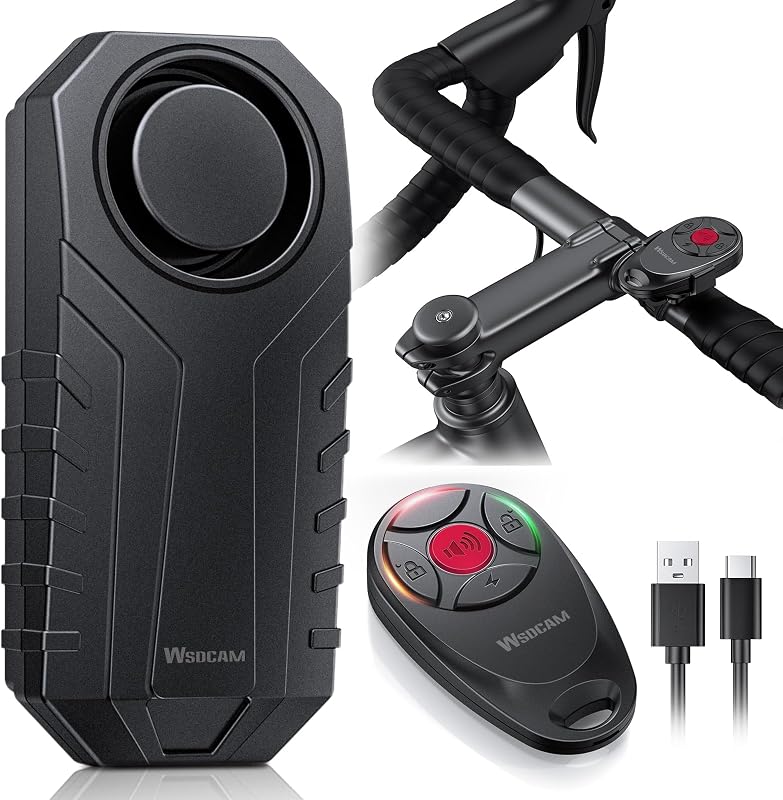 WSDCAM Alarma de bicicleta mejorada con control remoto: alarma de seguridad antirrobo de 113 dB, alcance remoto de 197 pies, IP65 impermeable, recargable por USB-C, bocina y localizador para bicicletas eléctricas, bicicletas, scooters, motocicletas