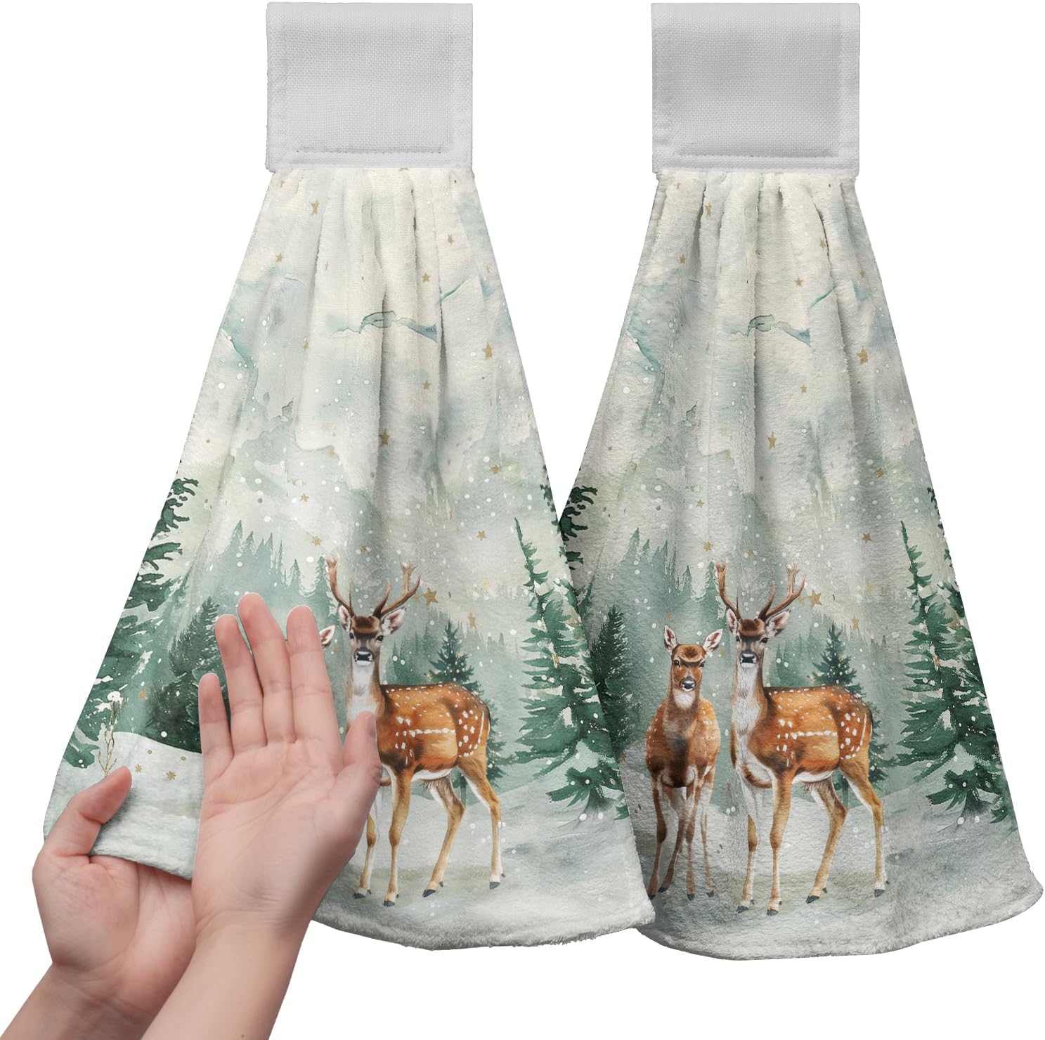 Rustic Farmhouse Winter Hanging Hand Towels with Loop - Pine Trees Xmas Deer Kitchen Dish Towels Absorbent Soft Fast Drying Set of 2