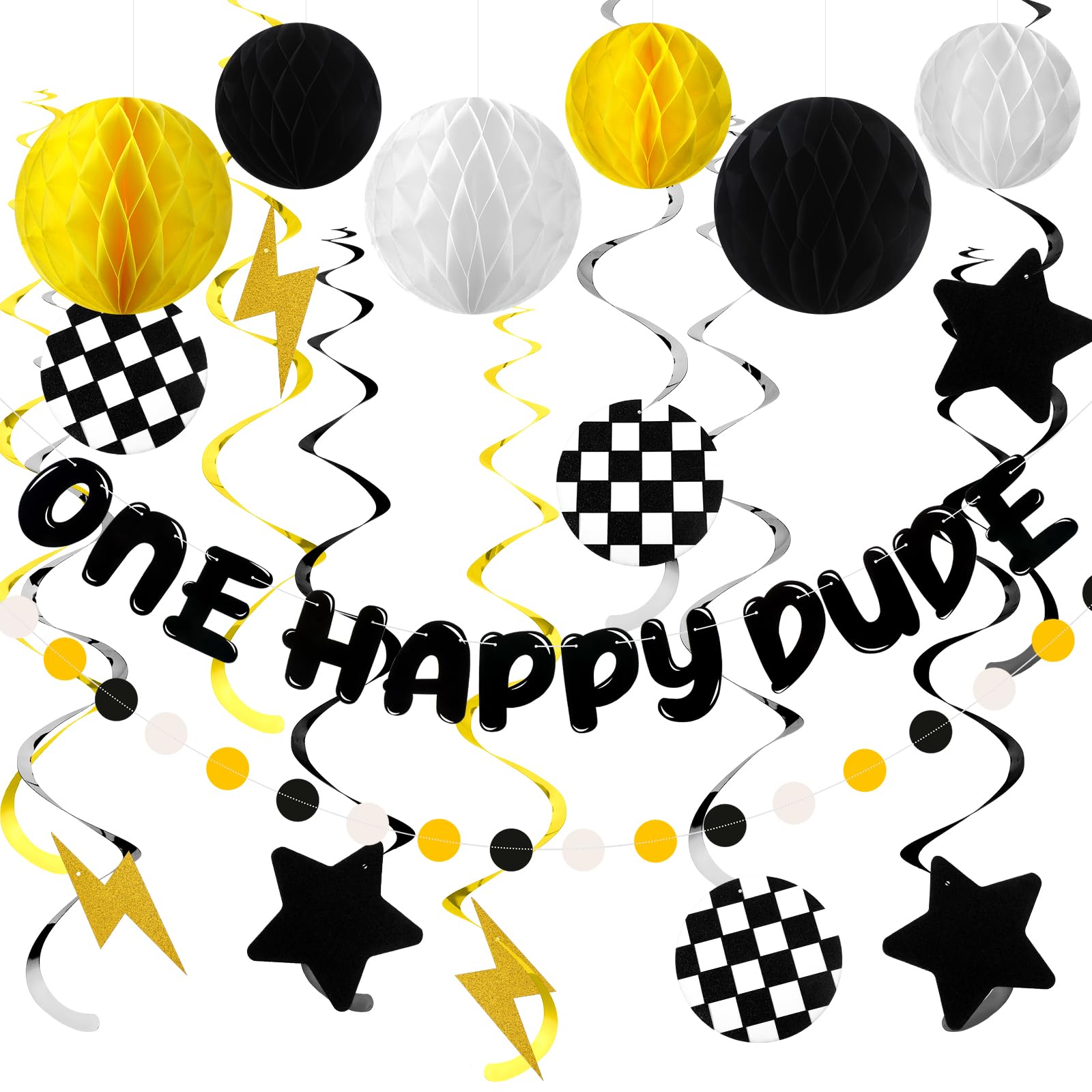 Yuefunny 37 Pcs One Happy Dude Birthday Party Decoration One Happy Dude 1st Birthday Banner Paper Honeycomb Balls Hanging Swirls Star Lightning Checkerboard Paper Cutouts with Circle Dot Paper Garland