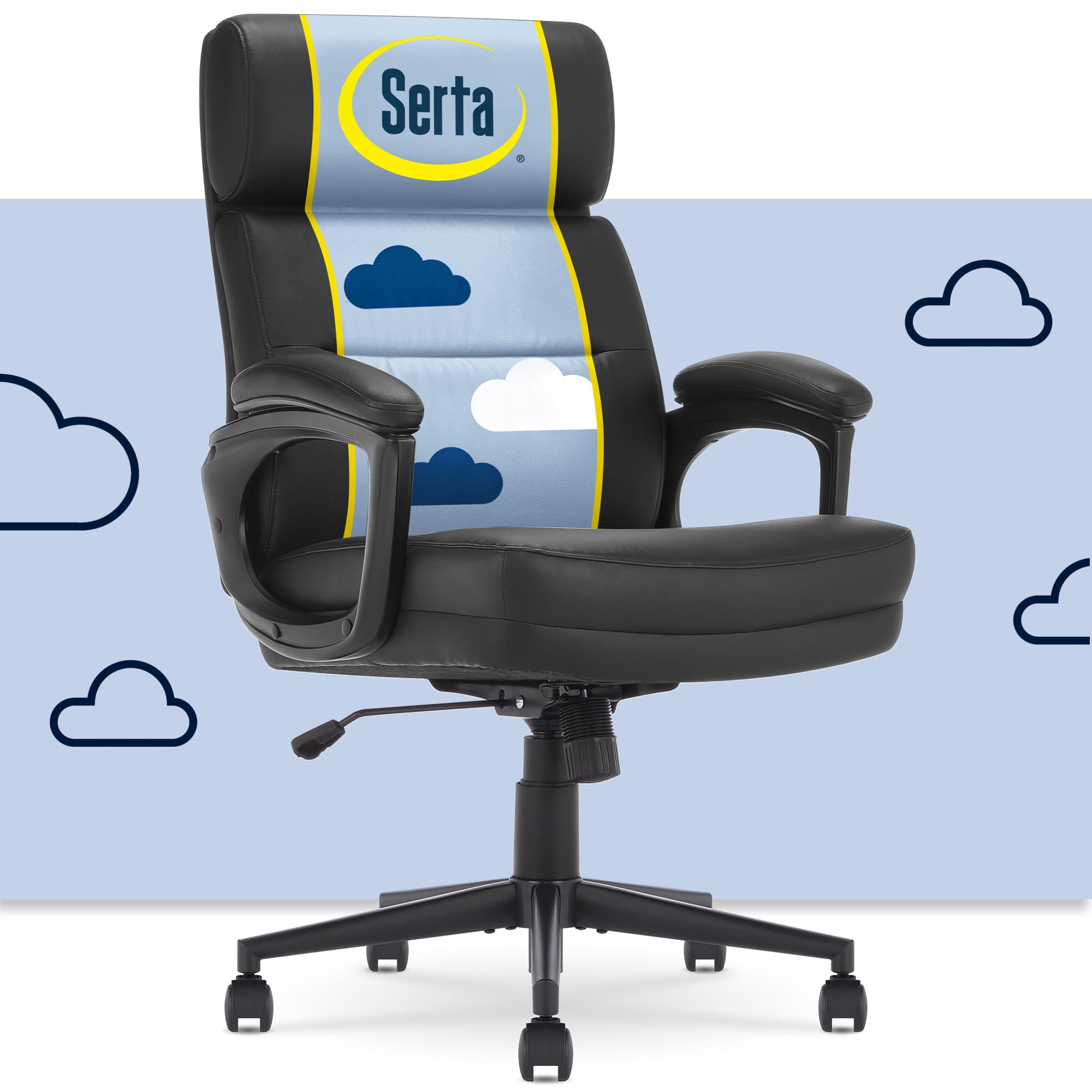 Serta Comfort Executive Mid-Back OfficeChair, Semi Plush Cushion Seat, Padded Armrests, SertaQuality Foam, Metal Swivel Base, Ergonomic Computer DeskChair for Home or Office, Bonded Leather, Black