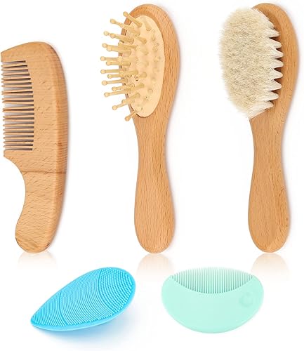 Juego de cepillo y peine para el pelo del bebé, 5 en 1, cepillo de cerdas de cabra naturales de madera, peine de casquillo de cuna, kit de aseo para