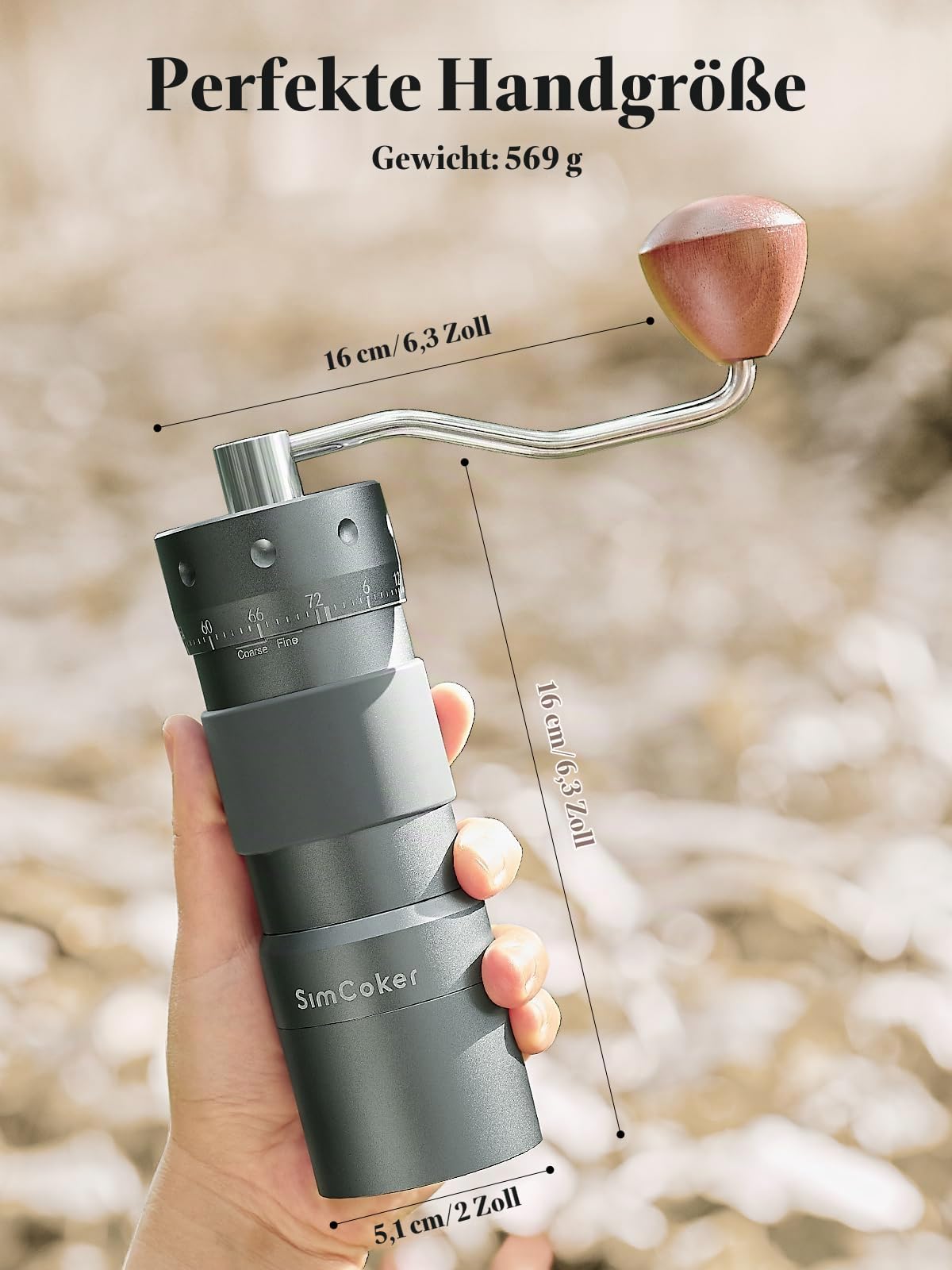 Manuelle Kaffeemühle mit 16μm externer Mahlgradeinstellung, Präzisionsmühle für Espresso & Pour Over, CNC Edelstahl-Kegelmahlwerk, Aluminiumgehäuse, Bohrmaschinen-kompatibel, Grau