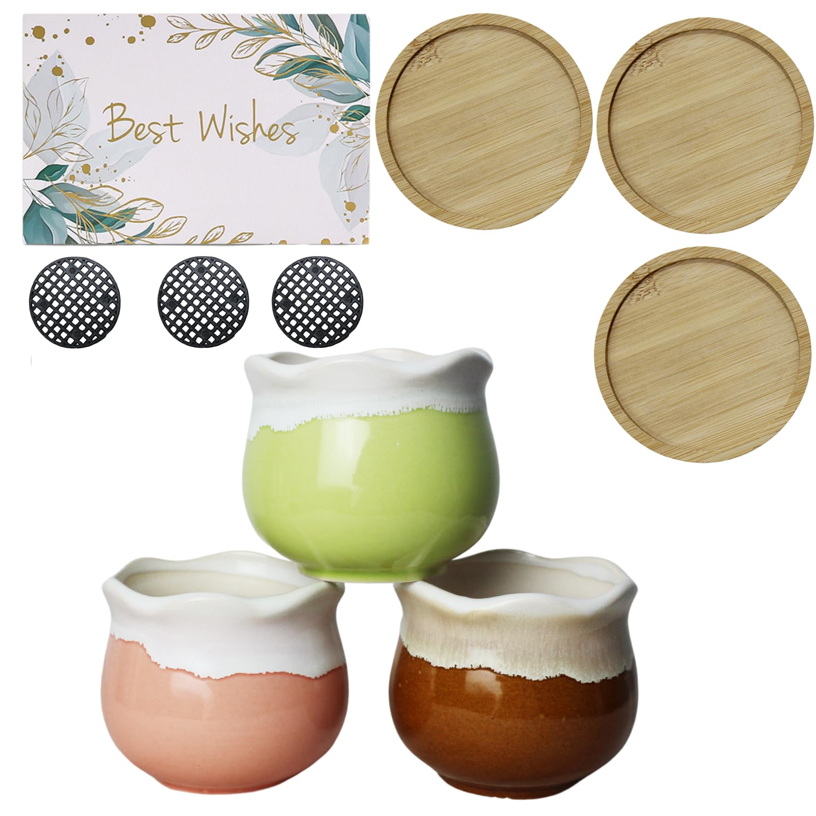 3 Pack Indoor Plant Pots Small Ceramic Planters Mini Glazed Succulent Pots Colorful Pottery Planters Plant Container for Gift Decorative Home Office Bedroom Bathroom Shelf(Plants Not Included)