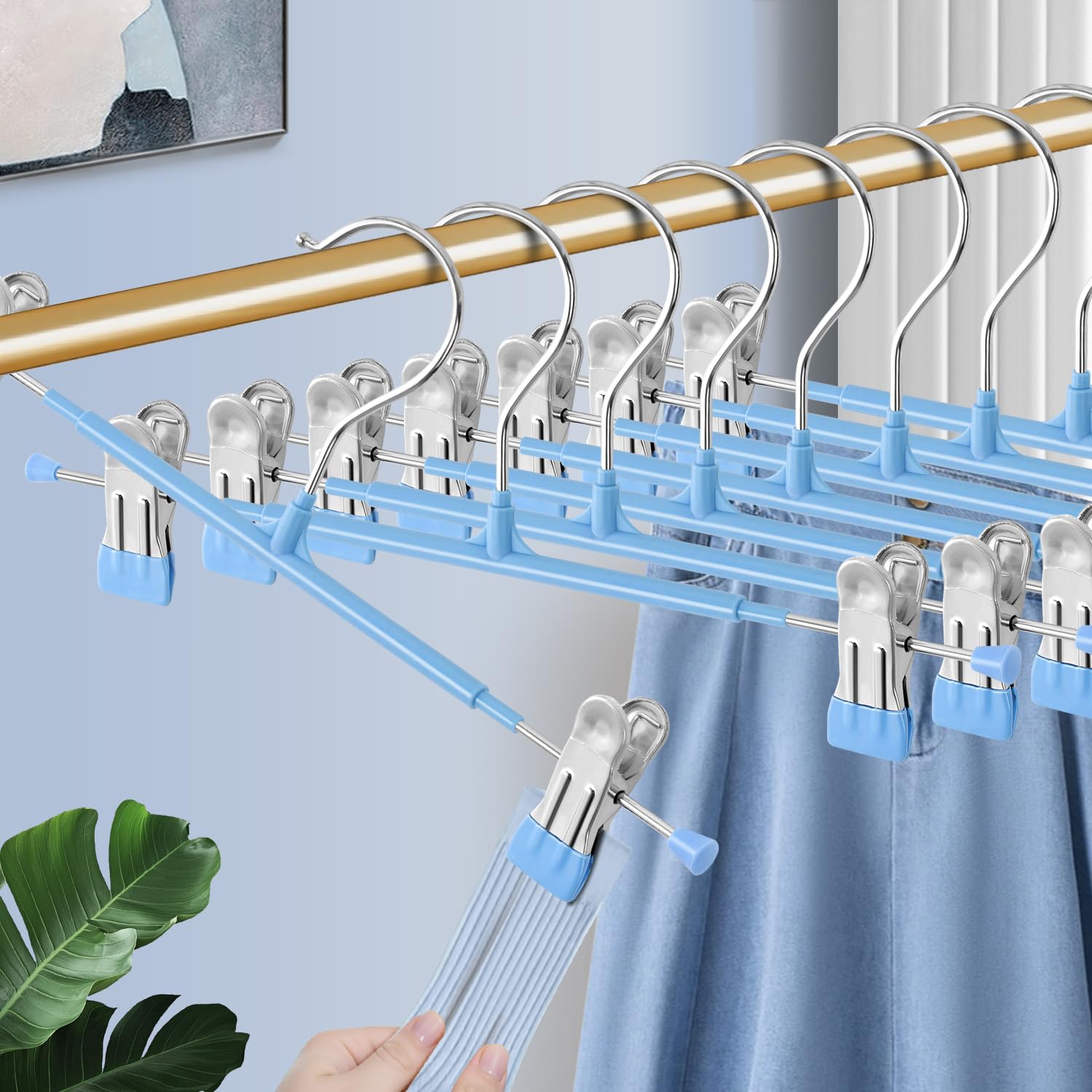 Confezione da 20 grucce per pantaloni da 35,5 cm, con clip, regolabili, in metallo, antiscivolo, resistenti, salvaspazio, per pantaloncini, jeans, blu cielo