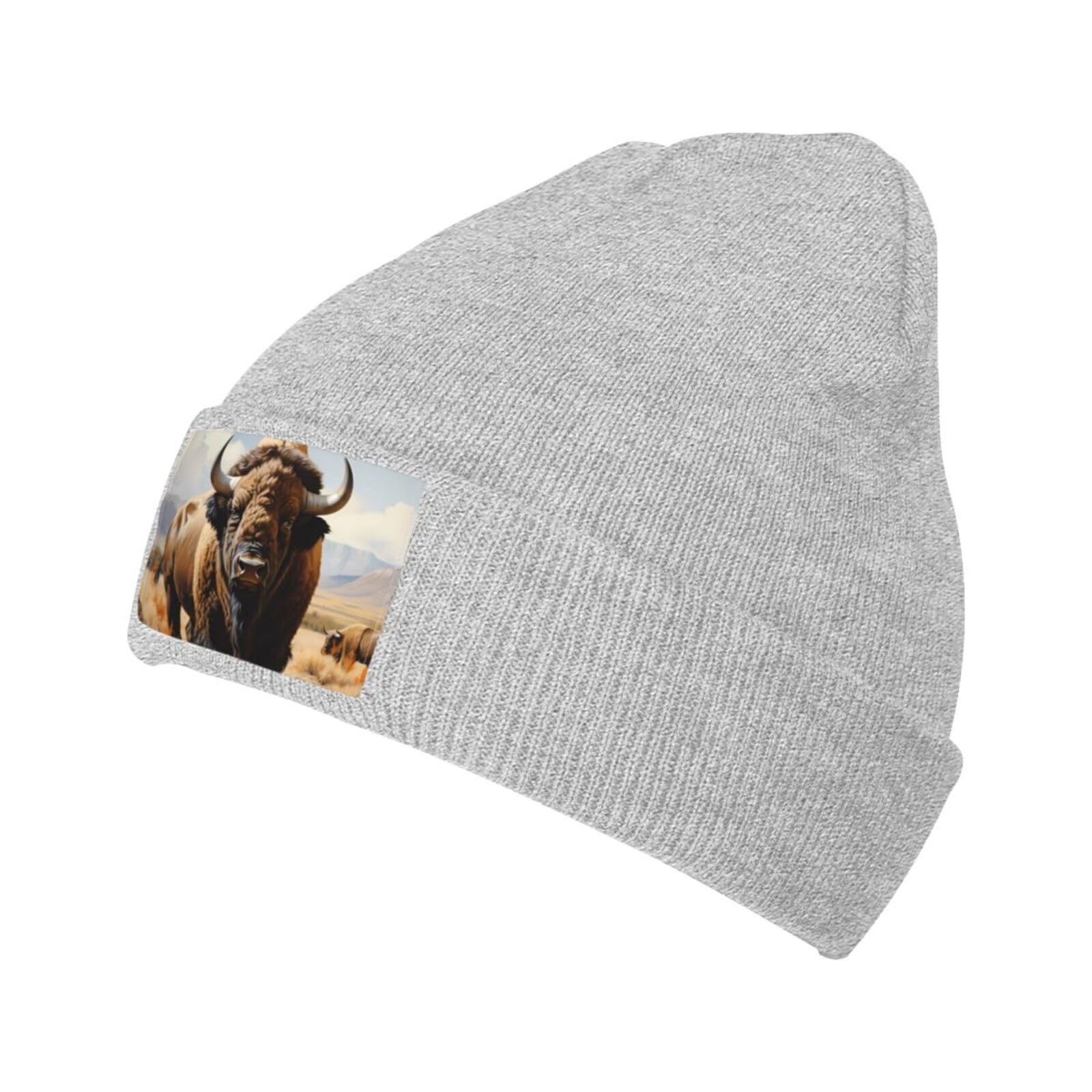 Black Knit Hat Cap North American Bison Herd Pattern Soft Good Elasticity Suitable for Daily and Outdoor Sports