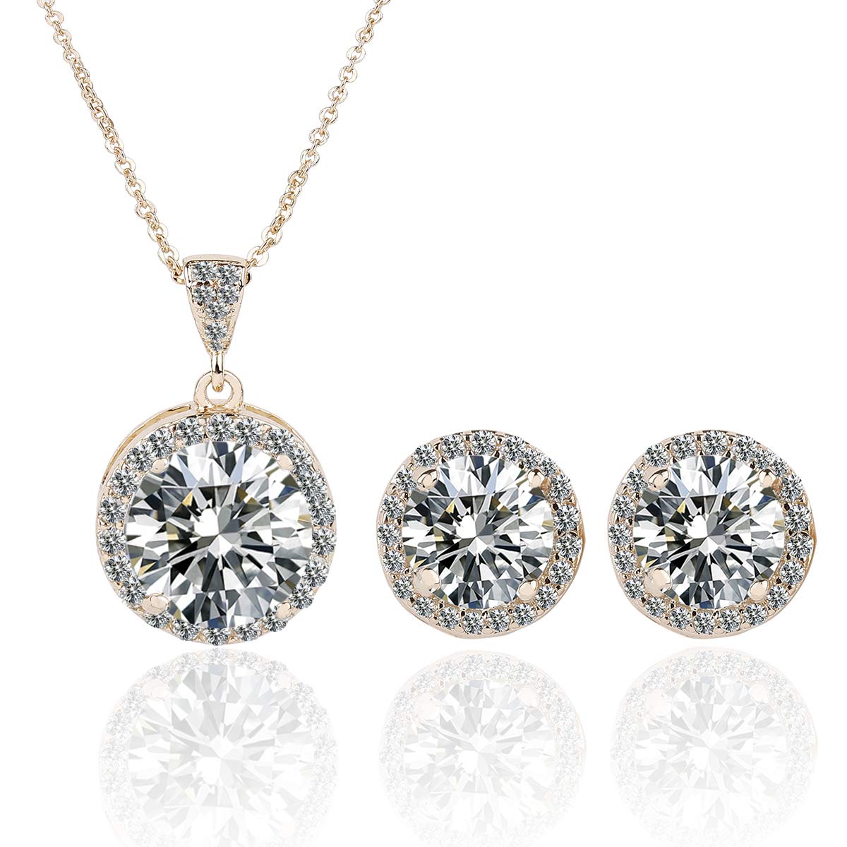 Halo Crystal Jewelry Set - Sterling Silver Round Cubic Zirconia Crystal Bridal Pendant Necklace Earrings Set for Wedding Bride Bridesmaids