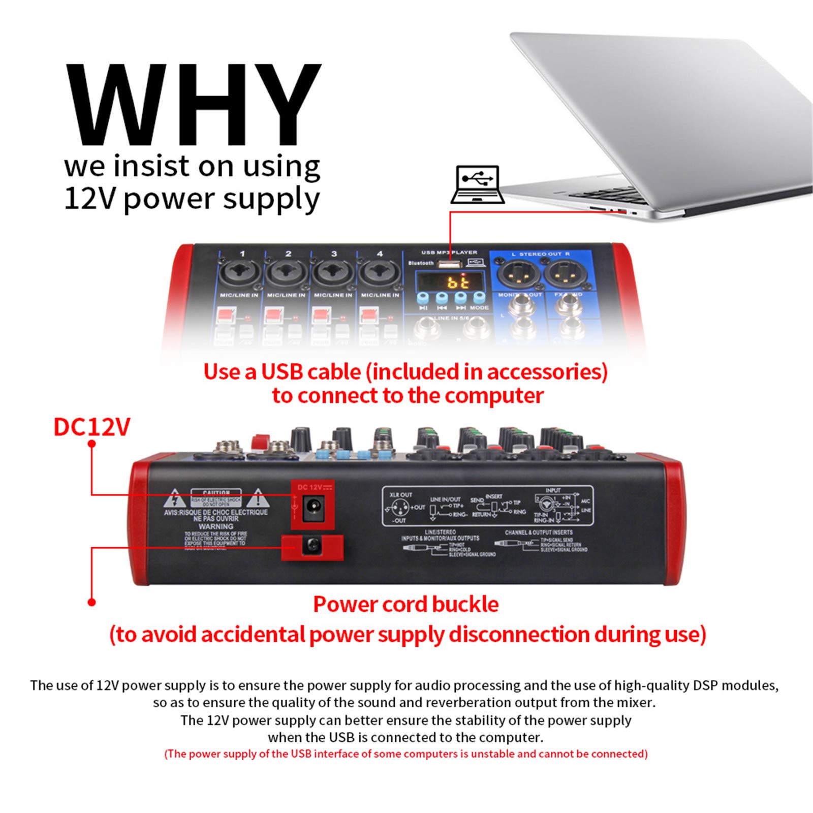 MRKU Mixer Live, Mixer da Studio Controller DJ a 6 canali con Effetto Riverbero 99DSP Mixer USB Bluetooth 5.0 per Karaoke Registrazione PC Microfono a condensatore Mixer DJ