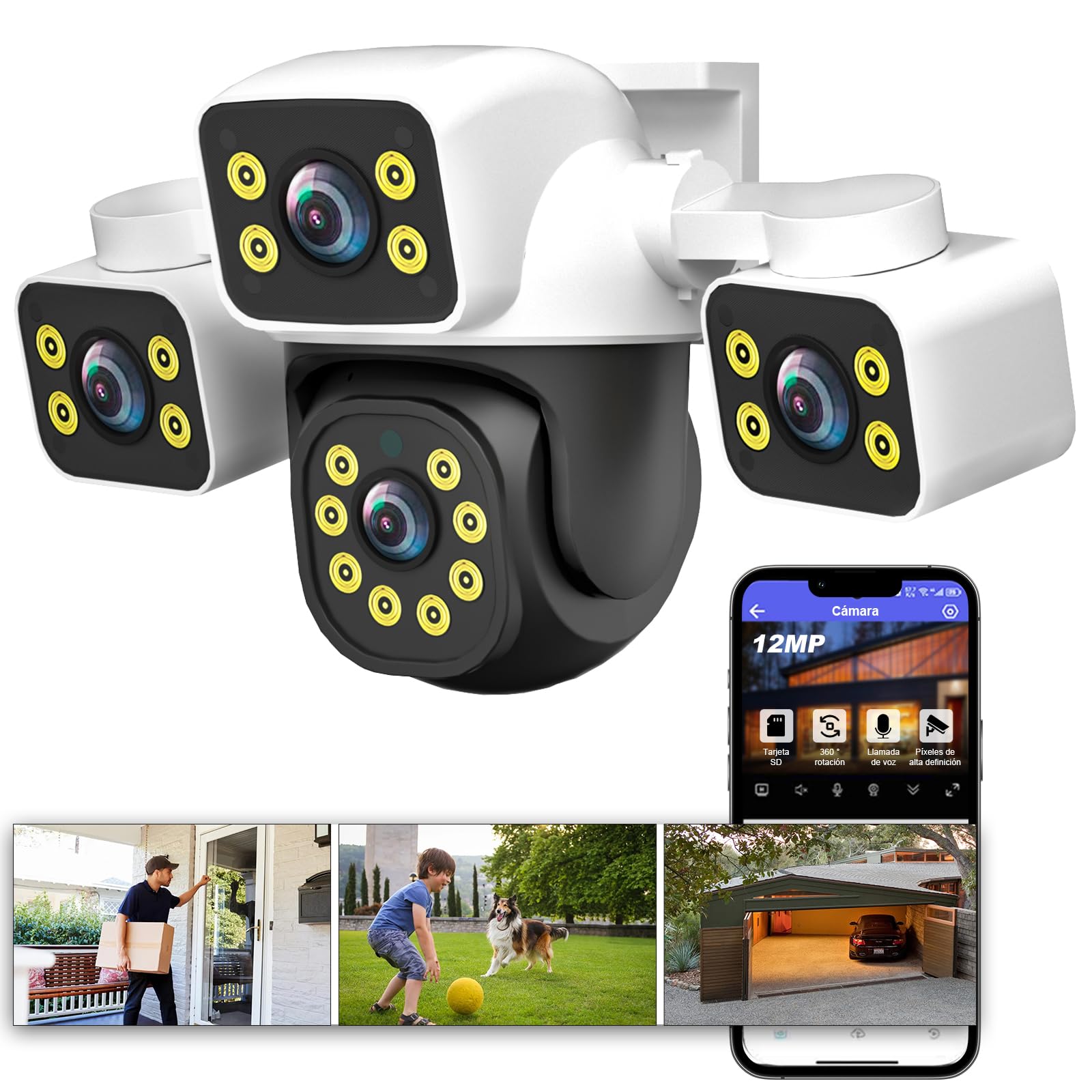 AOSO CáMara de Seguridad Exterior Tres Lentes, CáMara de Vigilancia WiFi InaláMbrica 12MP Al Aire Libre, RotacióN MultiáNgulo 360 ° Vista, 2.4G WiFi, DeteccióN de Movimiento, VisióN Nocturna en Color