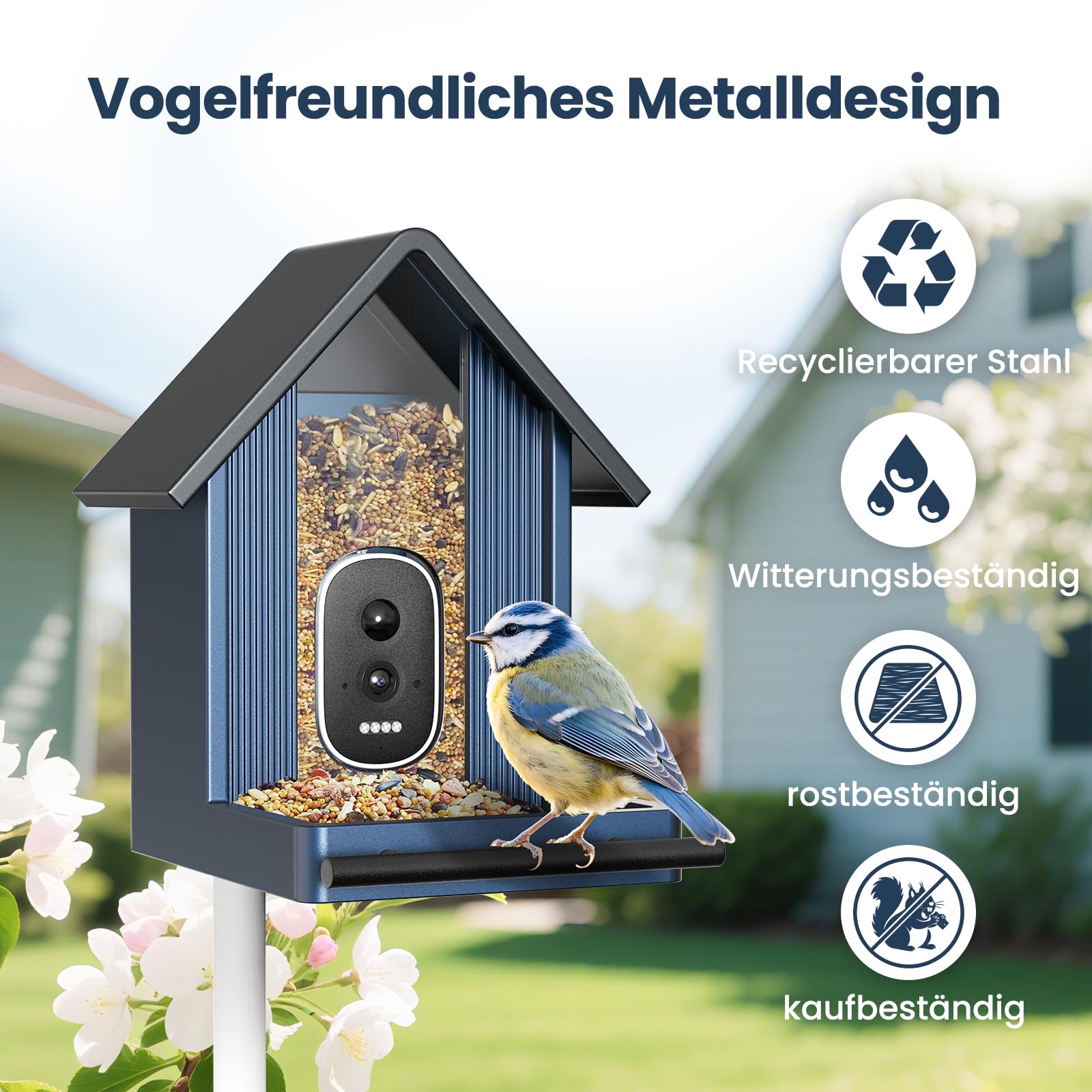 Intelligenter vogelhaus mit Kamera, 2,5K-UHD-Kamera, solarbetrieben, präzise KI-Erkennung, sofortige Benachrichtigungen und Videoaufzeichnung, wasserdicht nach IP66 für den Außenbereich, Metal Blau