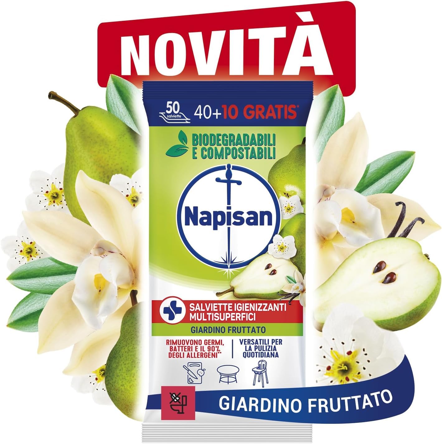Napisan Salviette Igienizzanti Multisuperfici Fragranza Giardino Fruttato Rimuovono Germi e Batteri Biodegradabili Compostabili Versatili per Pulizia Quotidiana - 6 Confezioni da 50 Salviette